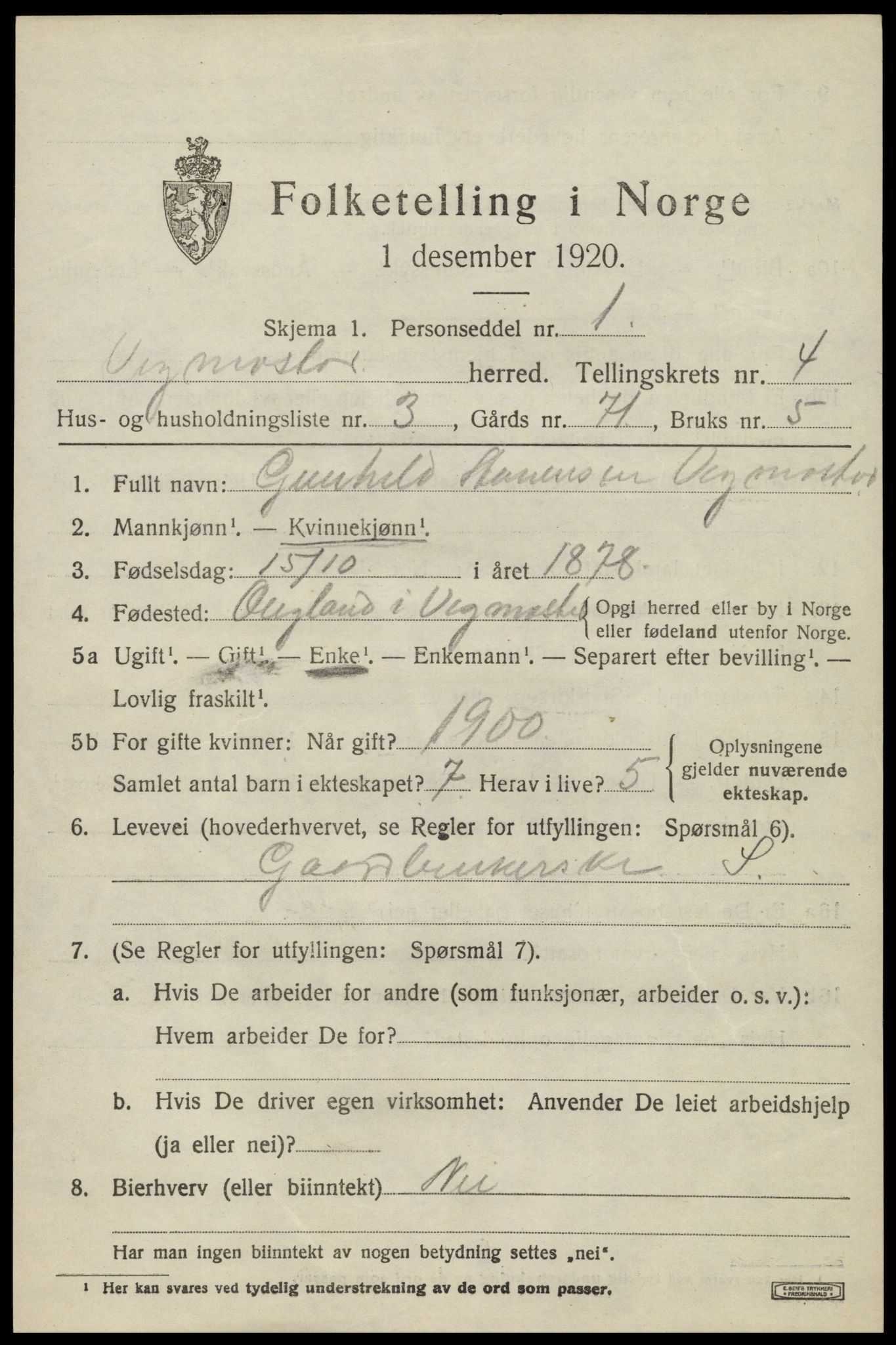 SAK, 1920 census for Vigmostad, 1920, p. 1231