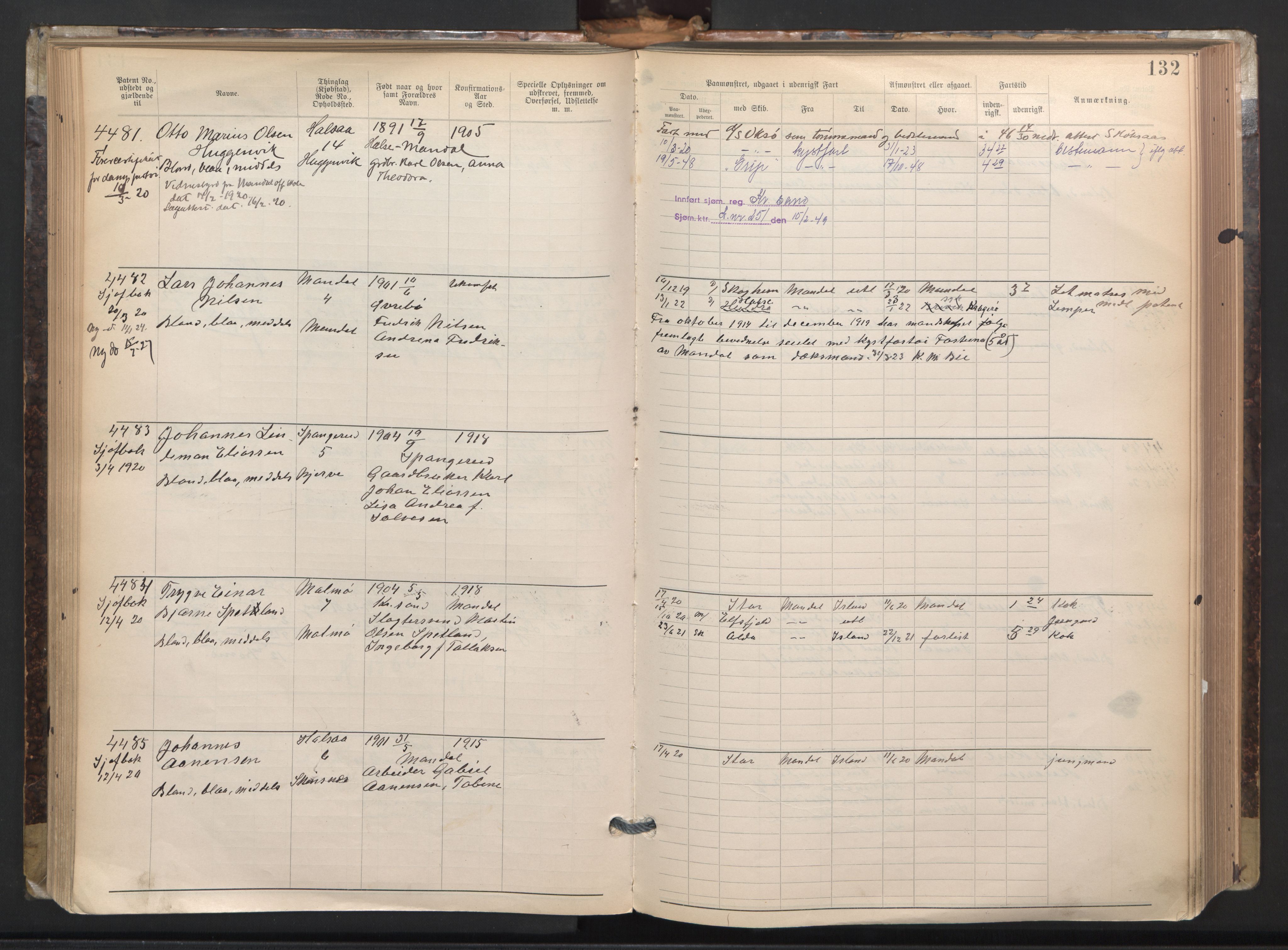 Mandal mønstringskrets, SAK/2031-0016/F/Fa/L0003: Annotasjonsrulle nr 3831-4730 med register, L-5, 1900-1948, p. 156