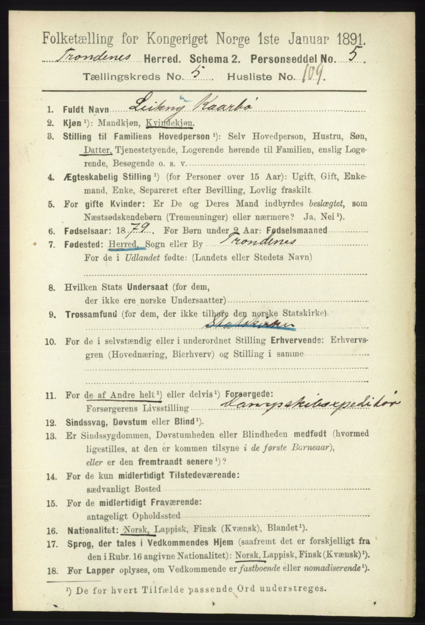 RA, 1891 census for 1914 Trondenes, 1891, p. 3613