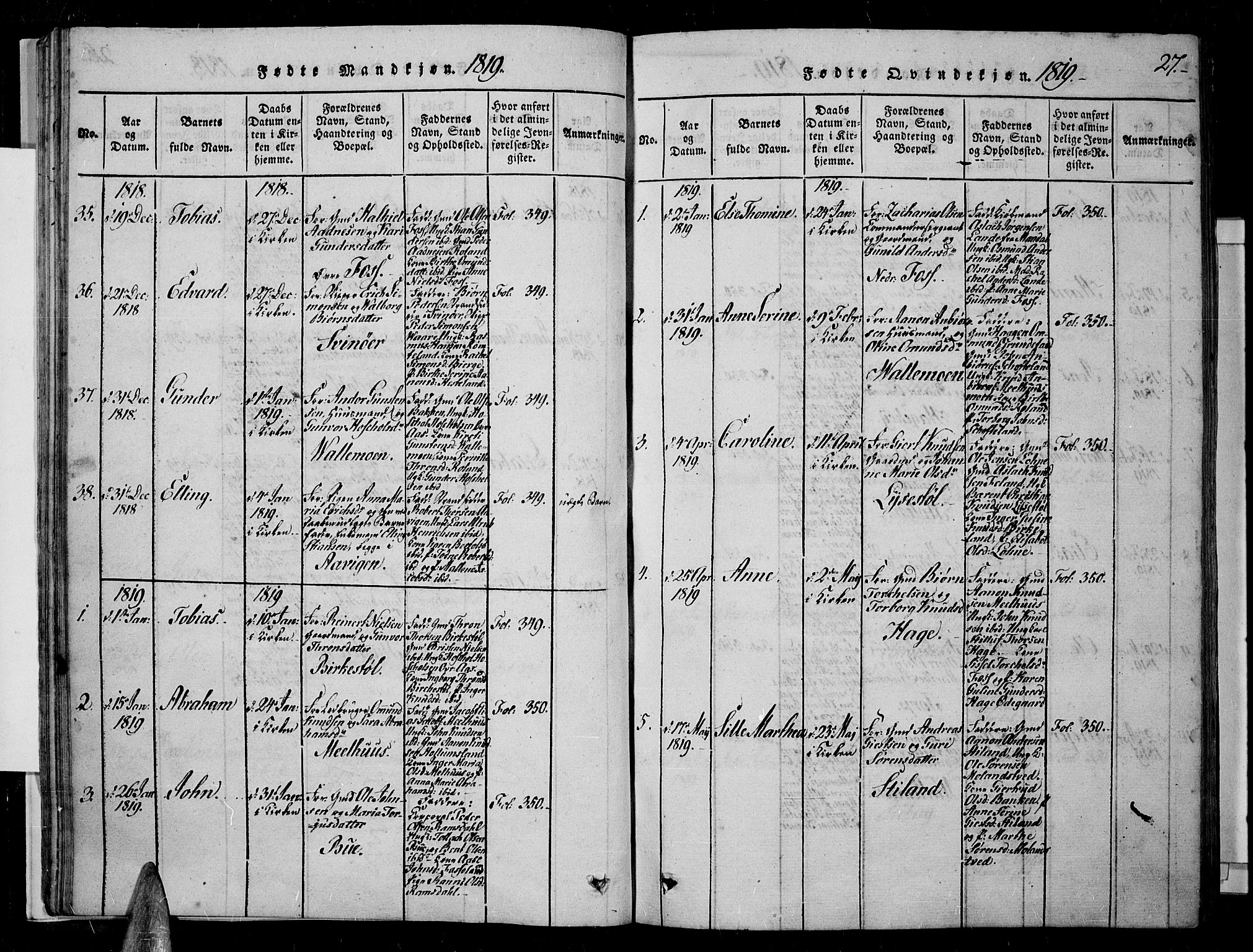 Sør-Audnedal sokneprestkontor, AV/SAK-1111-0039/F/Fa/Fab/L0005: Parish register (official) no. A 5, 1816-1830, p. 27