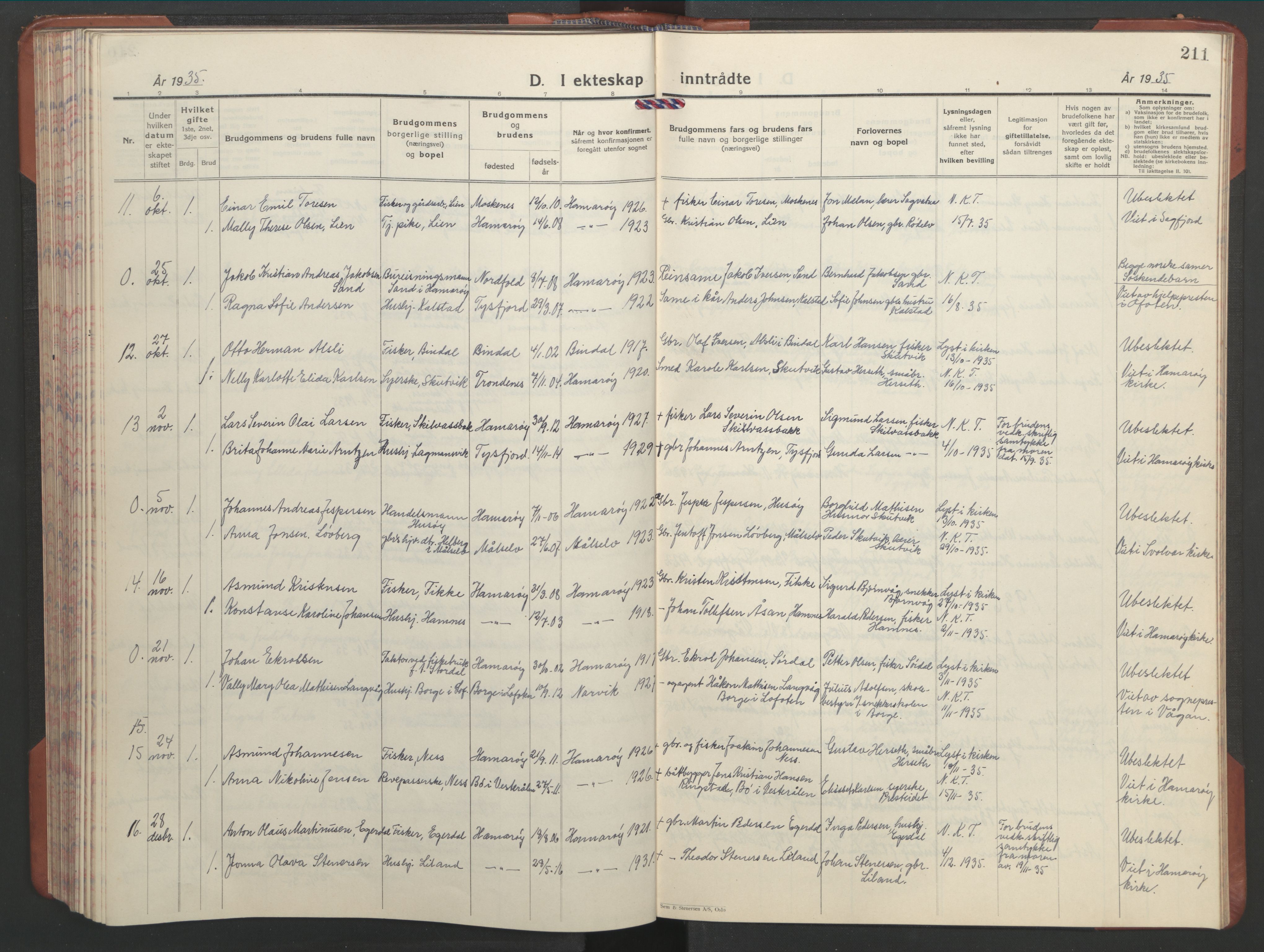 Ministerialprotokoller, klokkerbøker og fødselsregistre - Nordland, AV/SAT-A-1459/859/L0862: Parish register (copy) no. 859C08, 1925-1936, p. 211