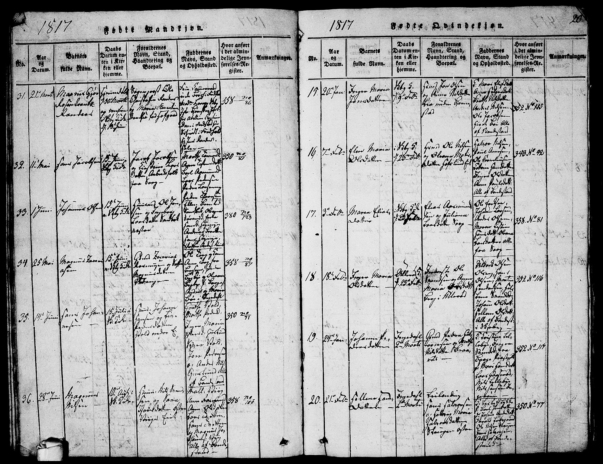 Skjeberg prestekontor Kirkebøker, AV/SAO-A-10923/G/Ga/L0001: Parish register (copy) no. I 1, 1815-1830, p. 20