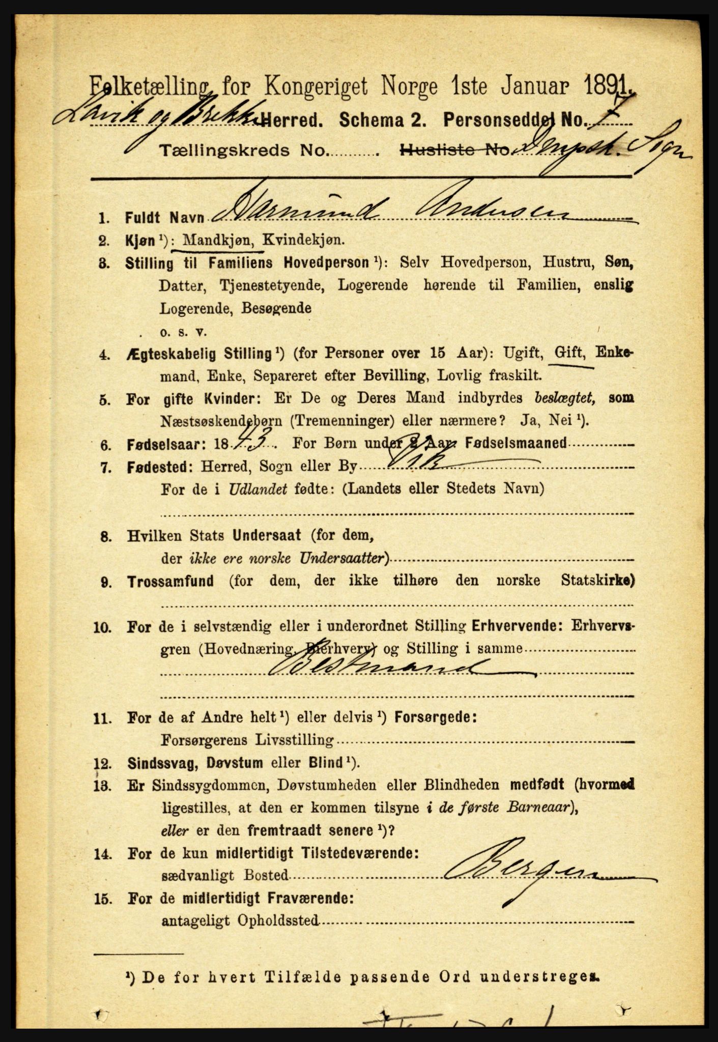 RA, 1891 census for 1415 Lavik og Brekke, 1891, p. 2684