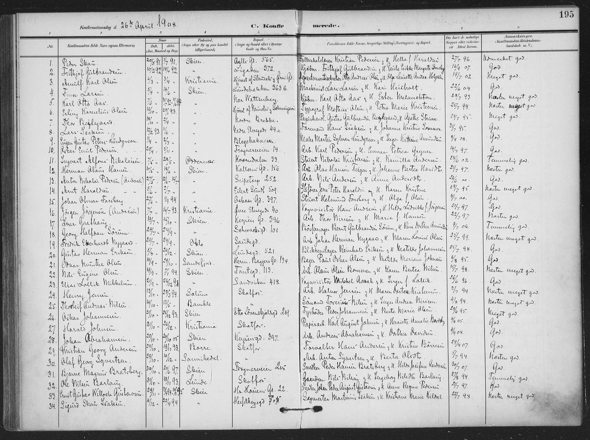 Skien kirkebøker, SAKO/A-302/F/Fa/L0012: Parish register (official) no. 12, 1908-1914, p. 195
