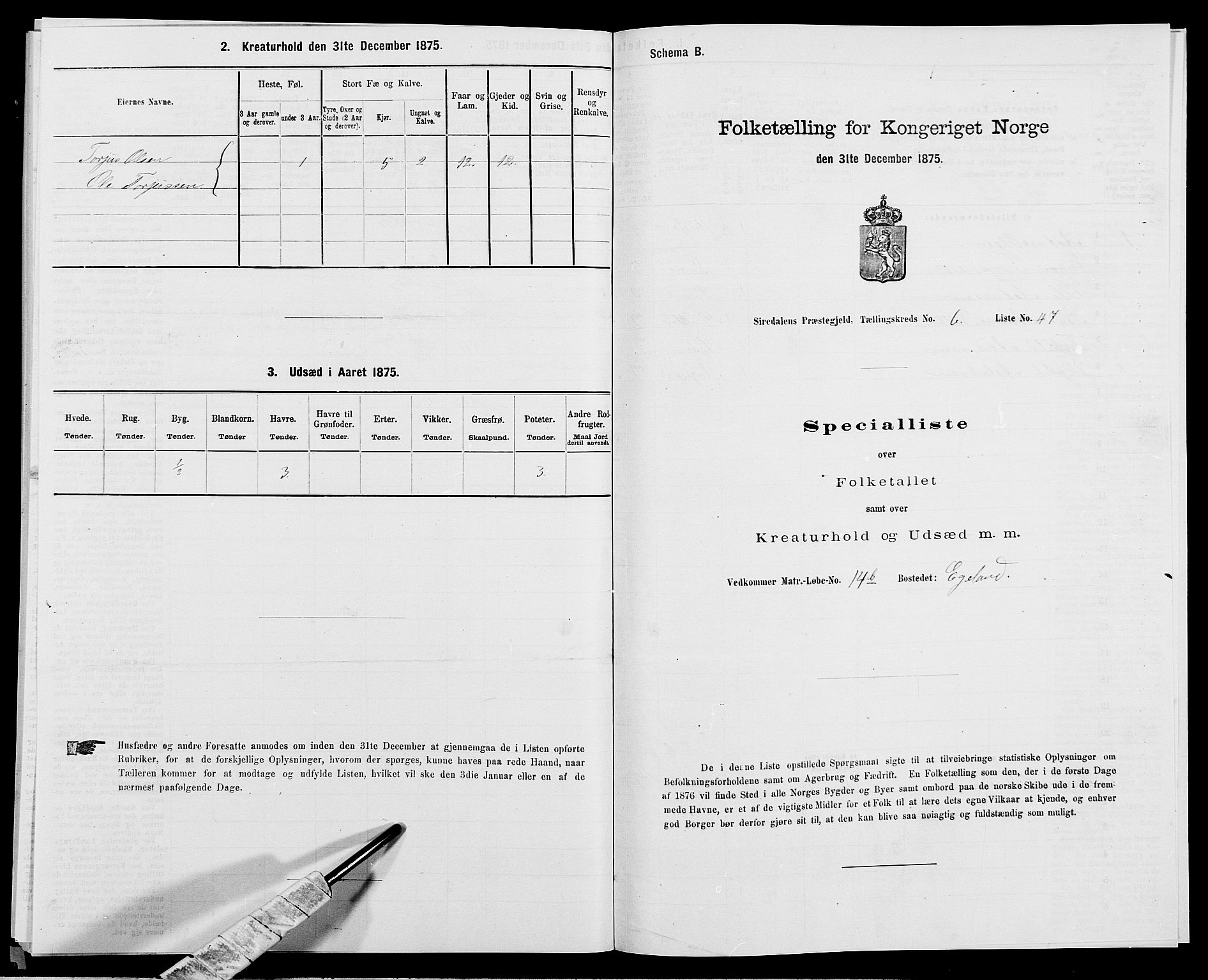 SAK, 1875 census for 1046P Sirdal, 1875, p. 572