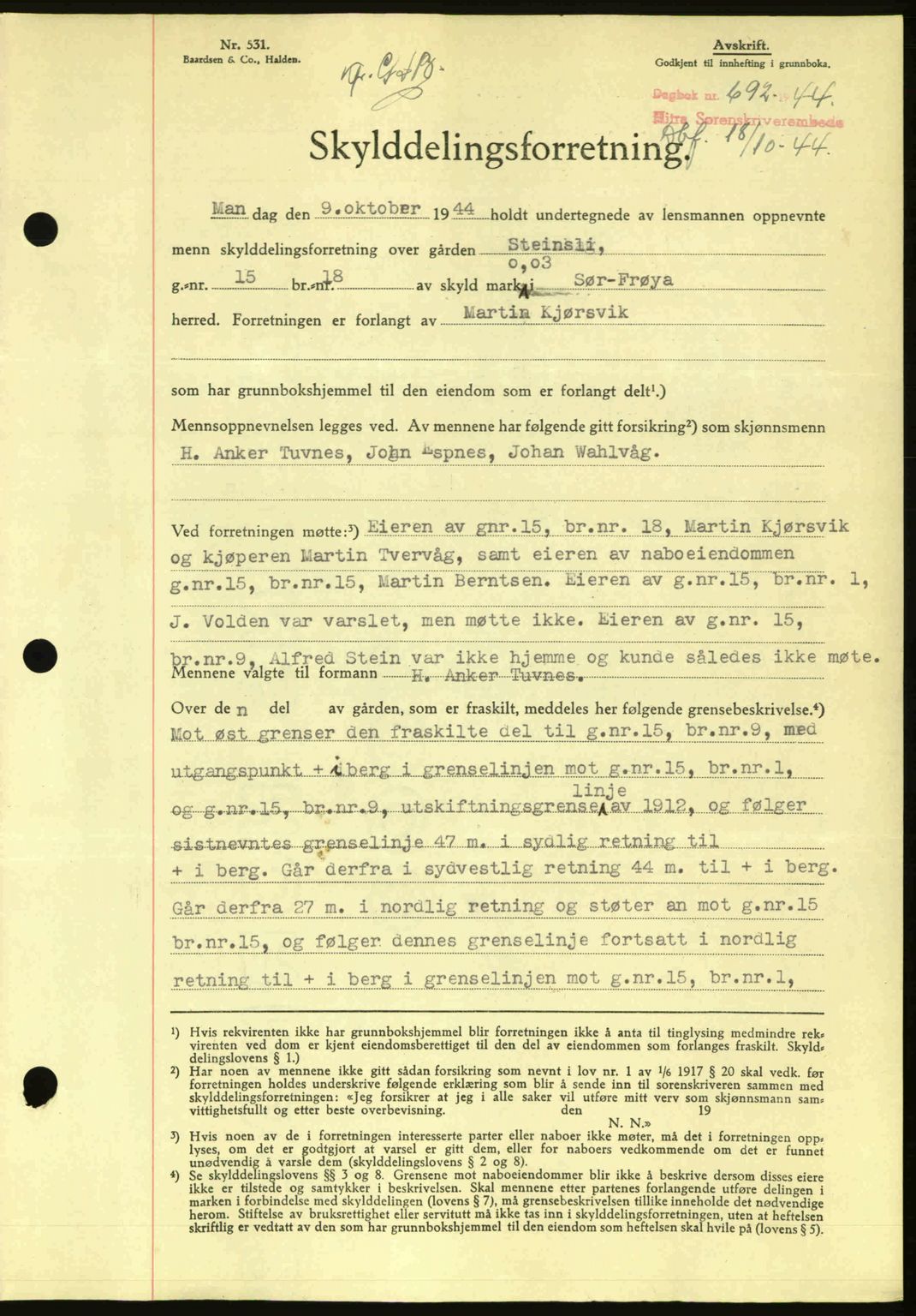 Hitra sorenskriveri, AV/SAT-A-0018/2/2C/2Ca: Mortgage book no. A2, 1943-1945, Diary no: : 692/1944