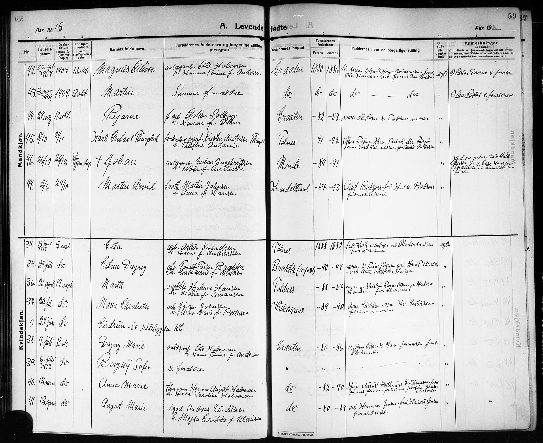 Solum kirkebøker, SAKO/A-306/G/Ga/L0009: Parish register (copy) no. I 9, 1909-1922, p. 59