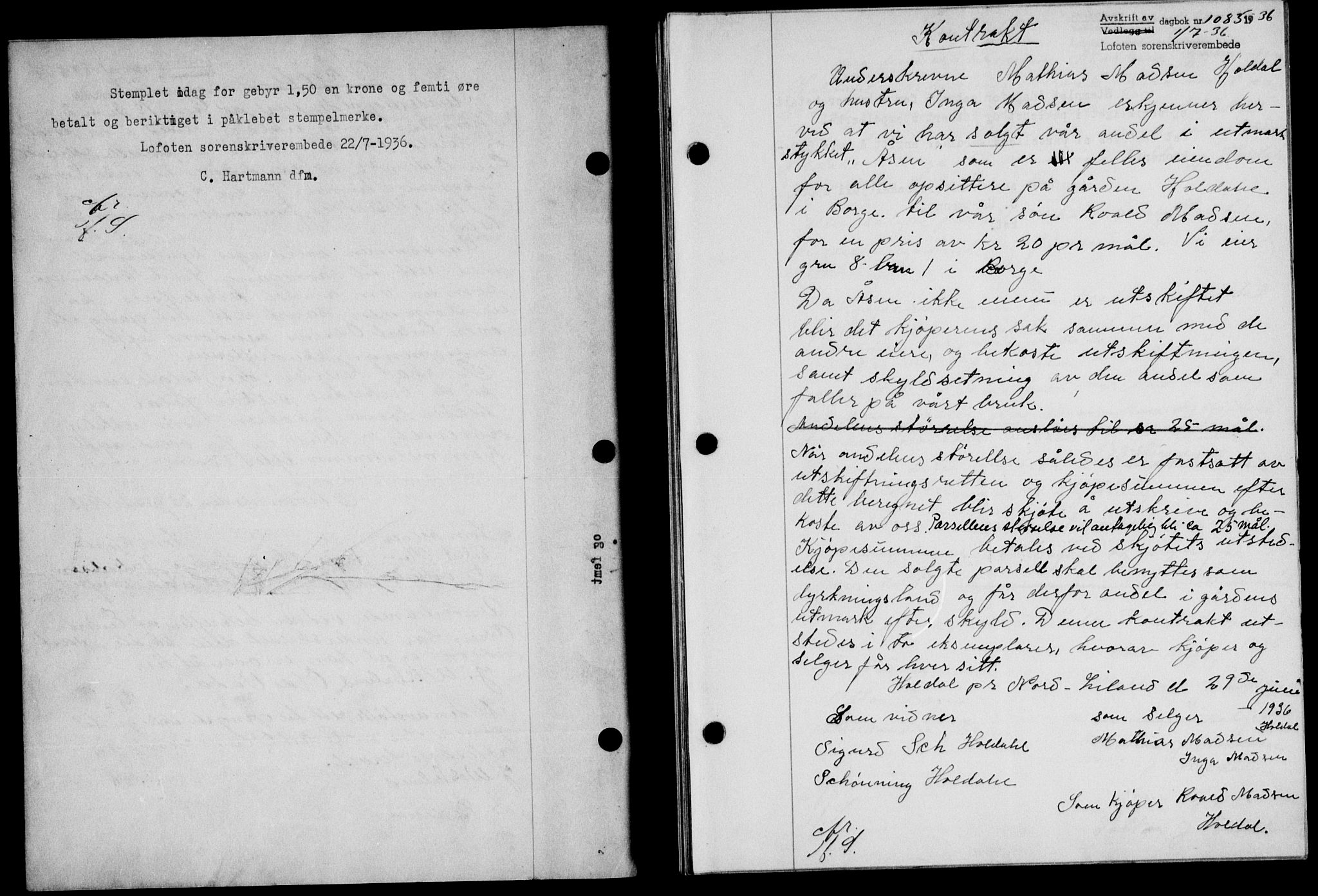 Lofoten sorenskriveri, SAT/A-0017/1/2/2C/L0001a: Mortgage book no. 1a, 1936-1937, Diary no: : 1085/1936