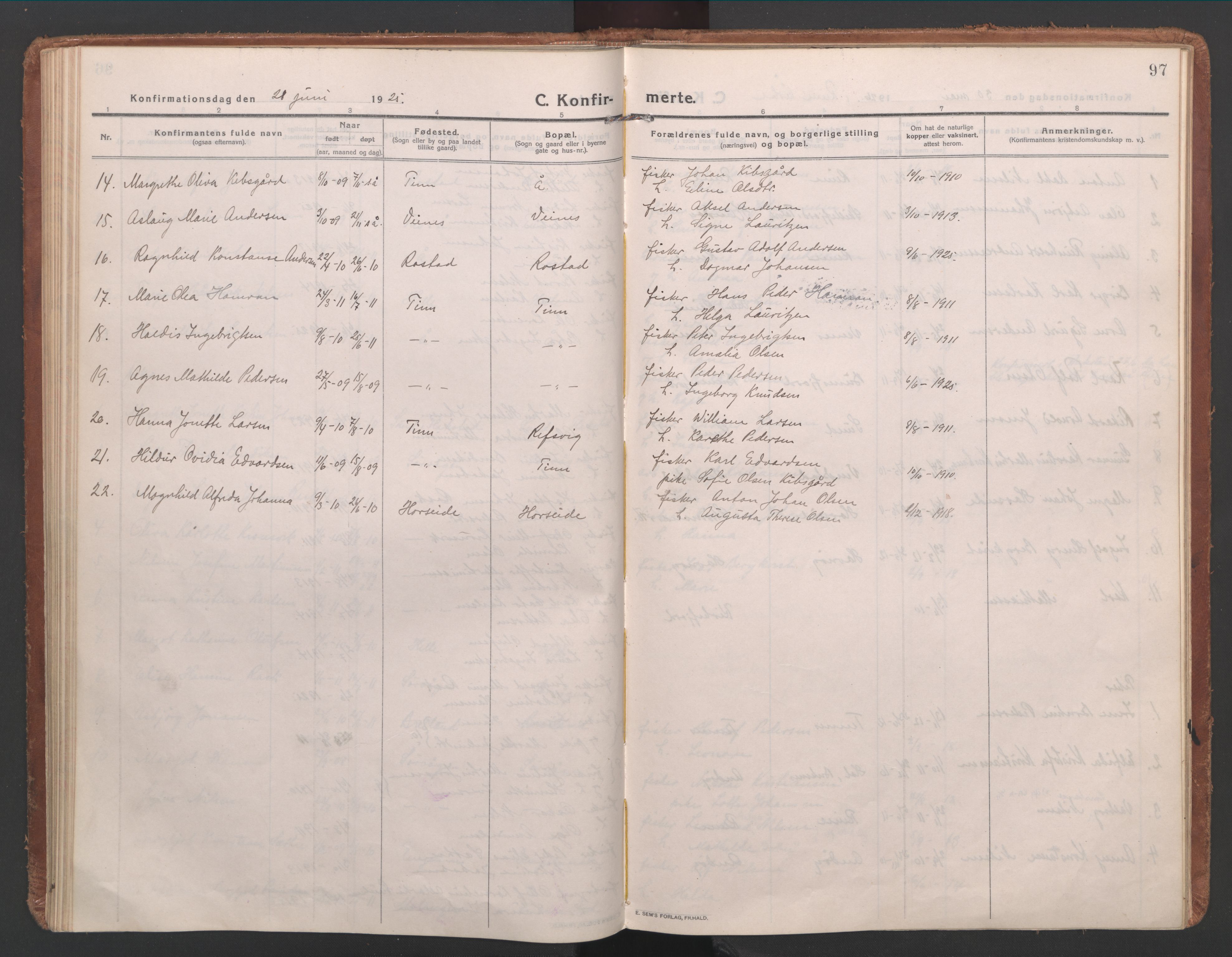 Ministerialprotokoller, klokkerbøker og fødselsregistre - Nordland, AV/SAT-A-1459/886/L1222: Parish register (official) no. 886A04, 1914-1926, p. 97