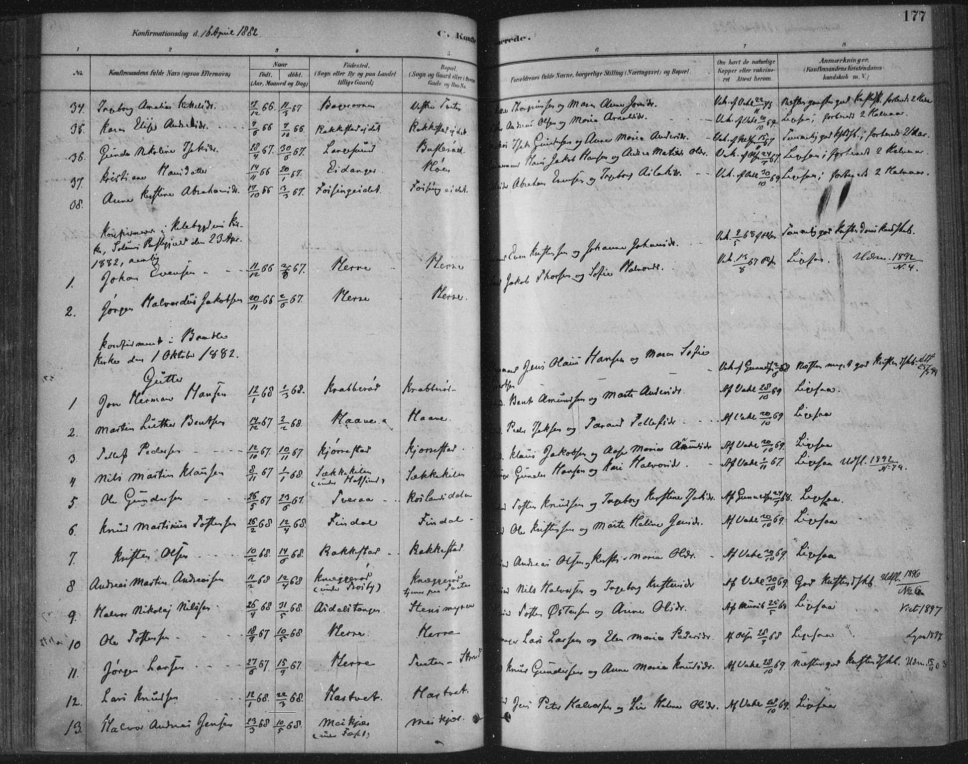 Bamble kirkebøker, AV/SAKO-A-253/F/Fa/L0007: Parish register (official) no. I 7, 1878-1888, p. 177