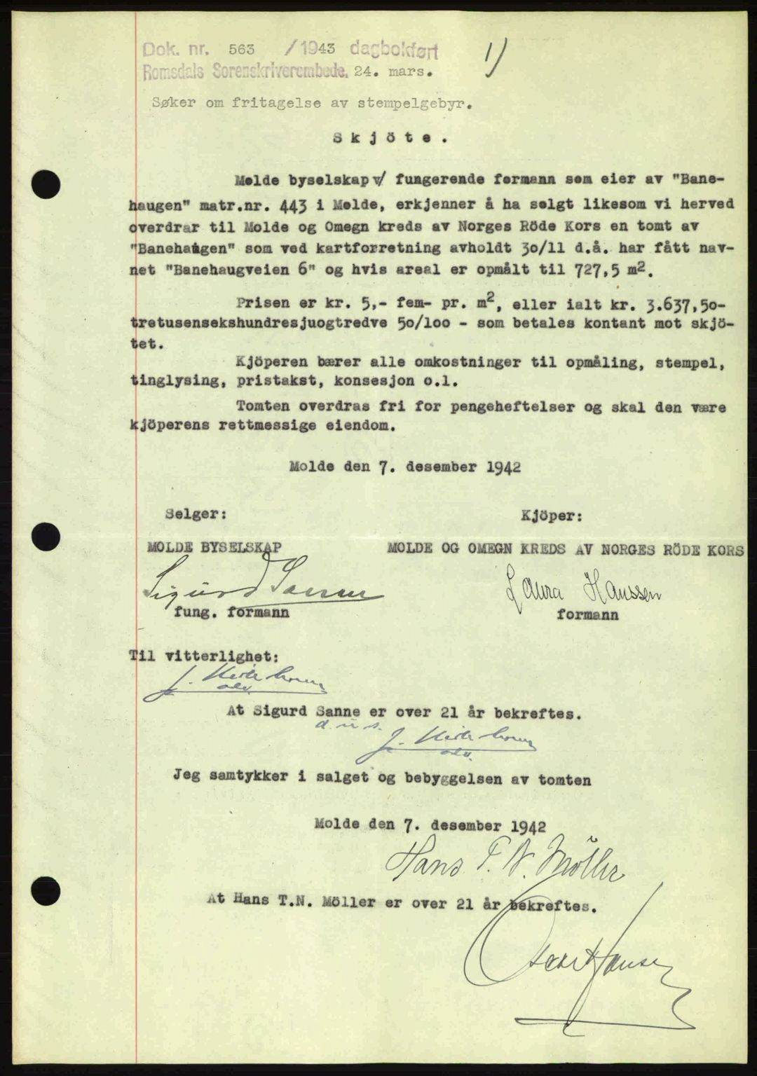 Romsdal sorenskriveri, AV/SAT-A-4149/1/2/2C: Mortgage book no. A14, 1943-1943, Diary no: : 563/1943