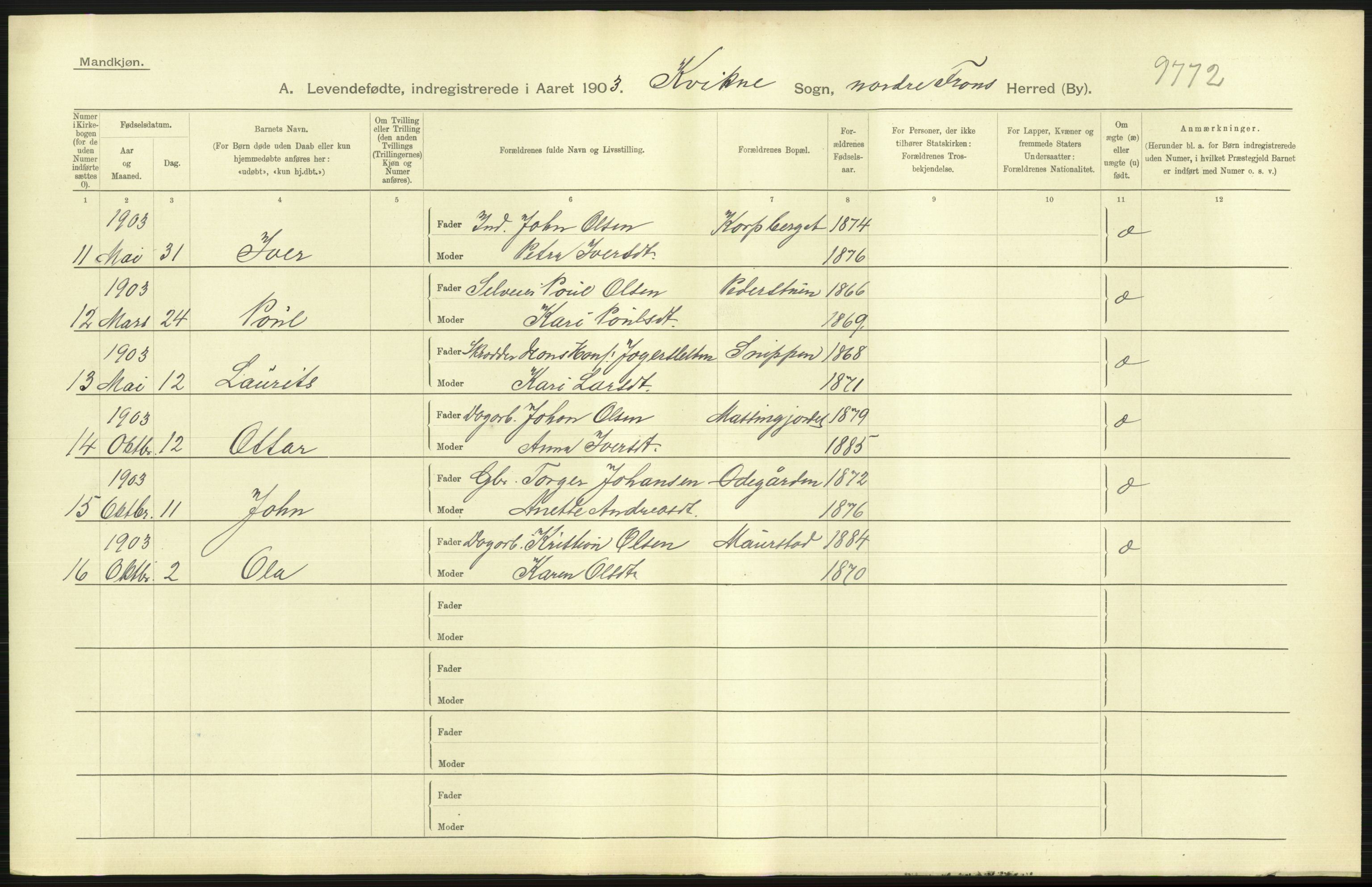Statistisk sentralbyrå, Sosiodemografiske emner, Befolkning, AV/RA-S-2228/D/Df/Dfa/Dfaa/L0006: Kristians amt: Fødte, gifte, døde, 1903, p. 55