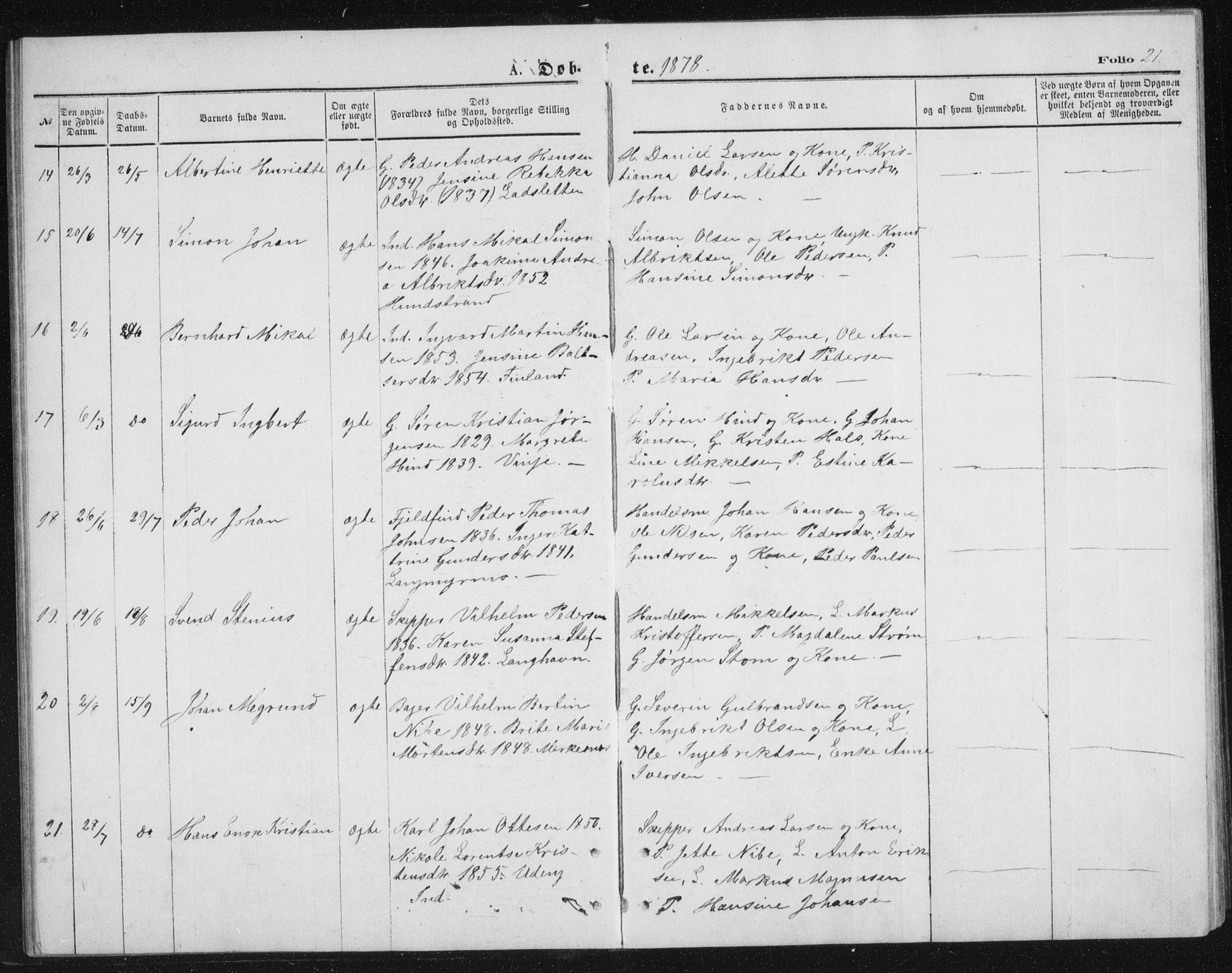 Tranøy sokneprestkontor, AV/SATØ-S-1313/I/Ia/Iab/L0013klokker: Parish register (copy) no. 13, 1874-1896, p. 21