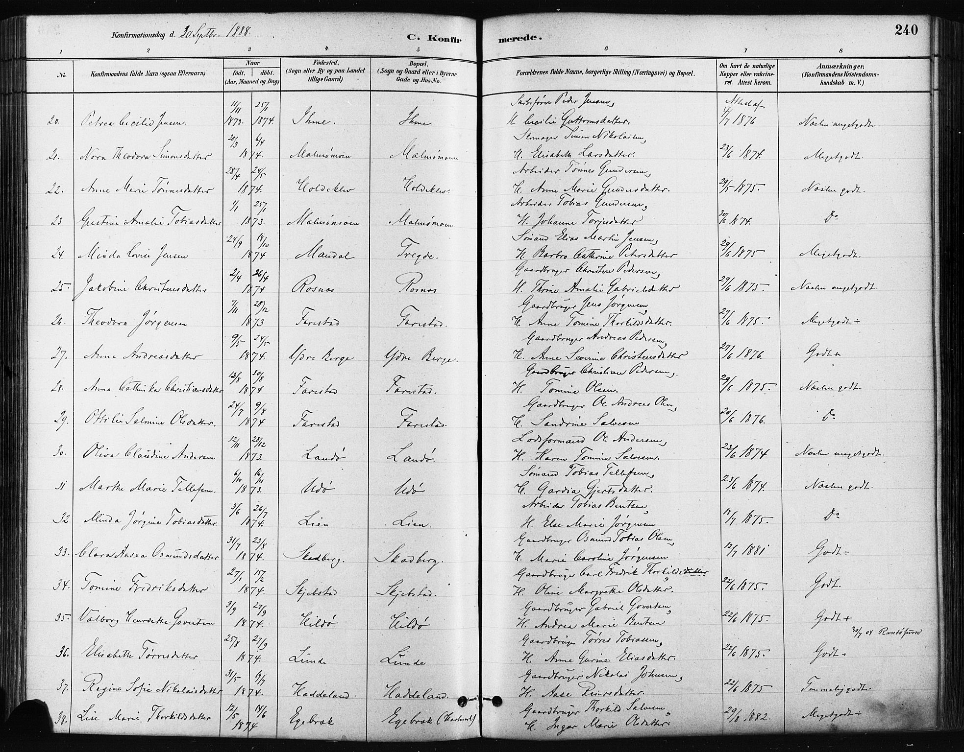 Mandal sokneprestkontor, SAK/1111-0030/F/Fa/Faa/L0016: Parish register (official) no. A 16, 1880-1890, p. 240