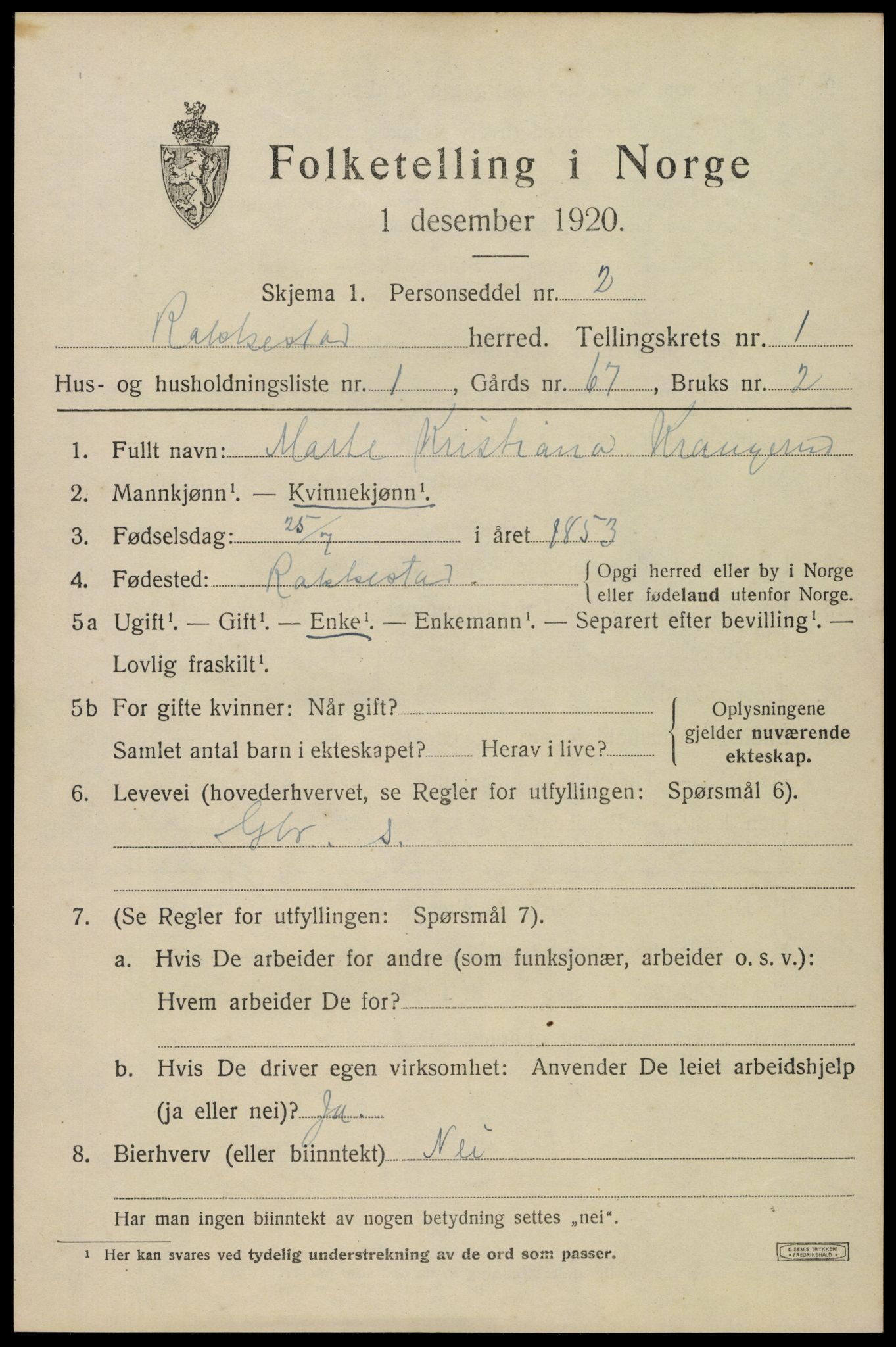 SAO, 1920 census for Rakkestad, 1920, p. 1619