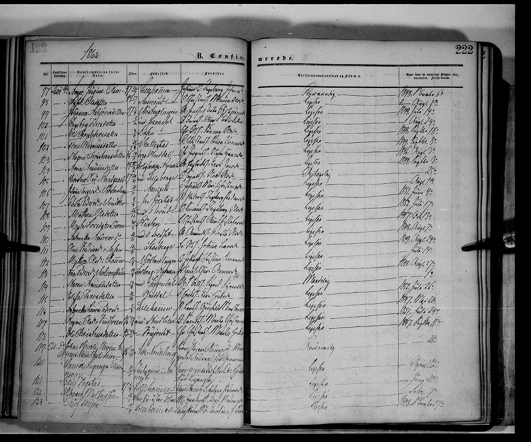 Fåberg prestekontor, SAH/PREST-086/H/Ha/Haa/L0006: Parish register (official) no. 6A, 1855-1867, p. 222