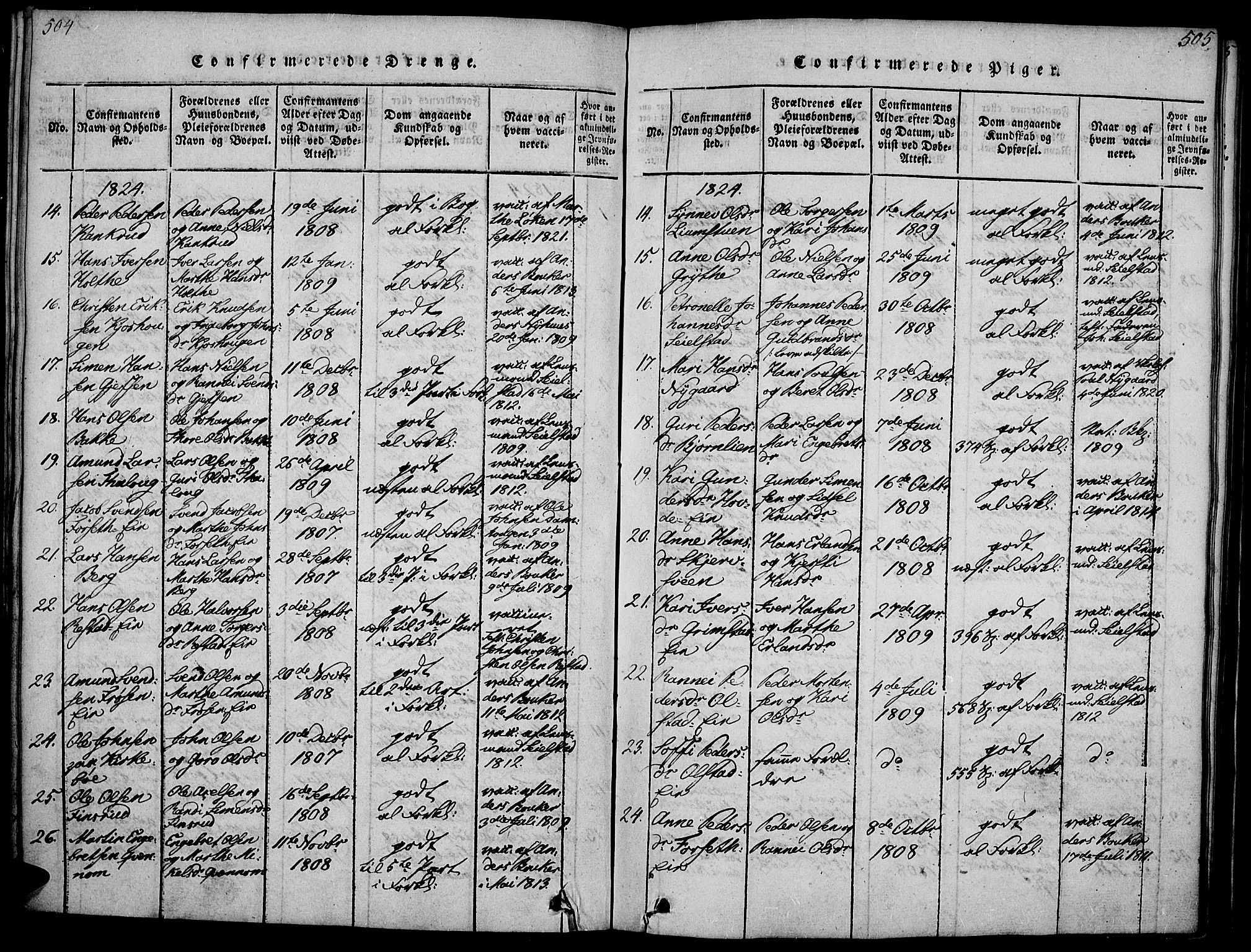 Gausdal prestekontor, SAH/PREST-090/H/Ha/Haa/L0005: Parish register (official) no. 5, 1817-1829, p. 504-505