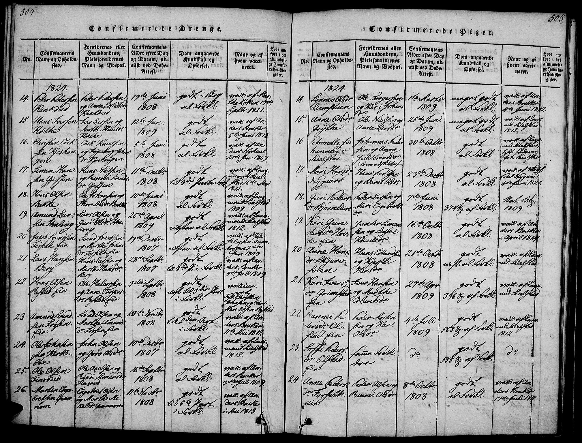 Gausdal prestekontor, AV/SAH-PREST-090/H/Ha/Haa/L0005: Parish register (official) no. 5, 1817-1829, p. 504-505