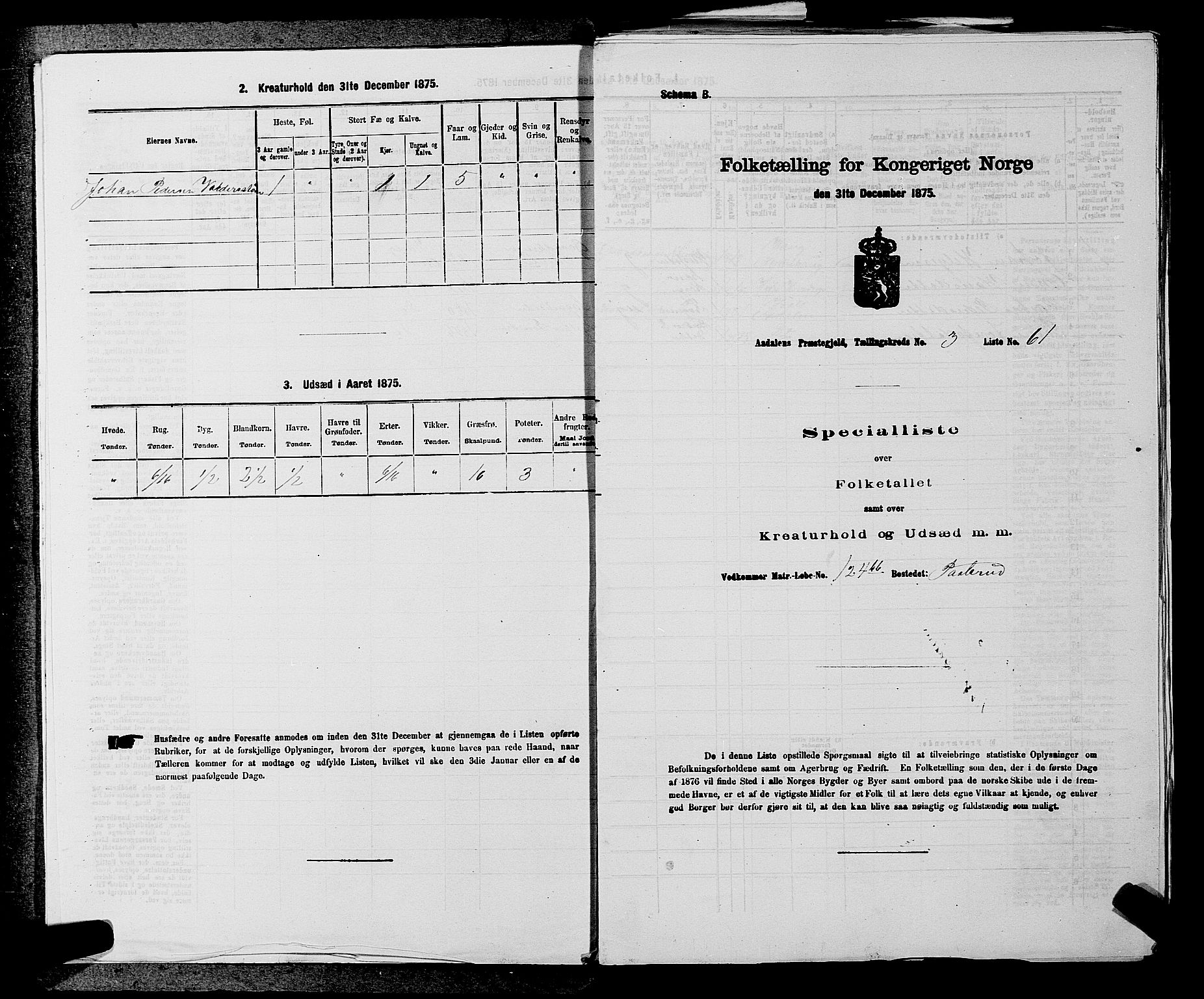 SAKO, 1875 census for 0614P Ådal, 1875, p. 461