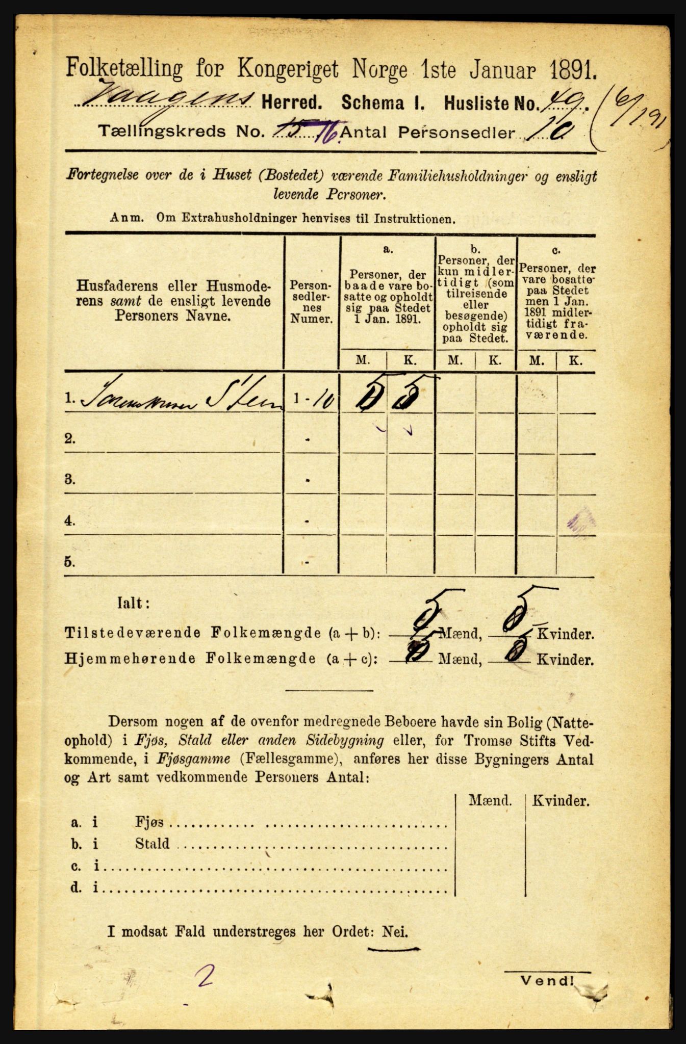 RA, 1891 census for 1865 Vågan, 1891, p. 4564