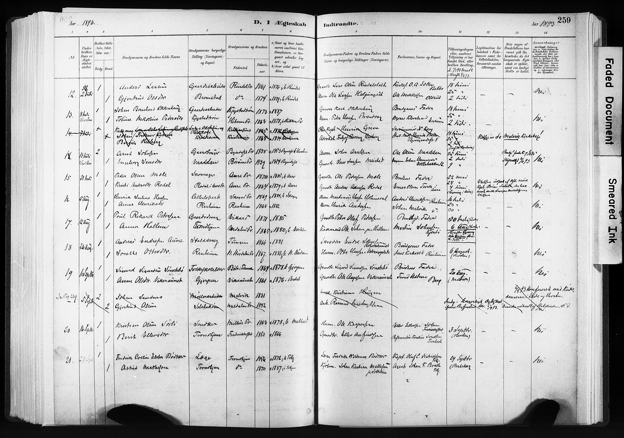Ministerialprotokoller, klokkerbøker og fødselsregistre - Sør-Trøndelag, SAT/A-1456/606/L0300: Parish register (official) no. 606A15, 1886-1893, p. 259