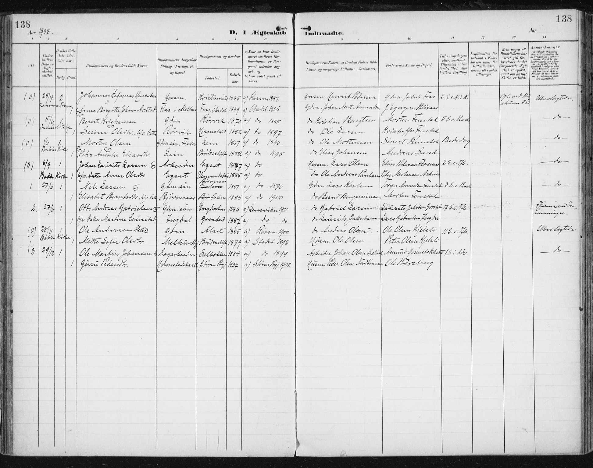 Ministerialprotokoller, klokkerbøker og fødselsregistre - Sør-Trøndelag, AV/SAT-A-1456/646/L0616: Parish register (official) no. 646A14, 1900-1918, p. 138