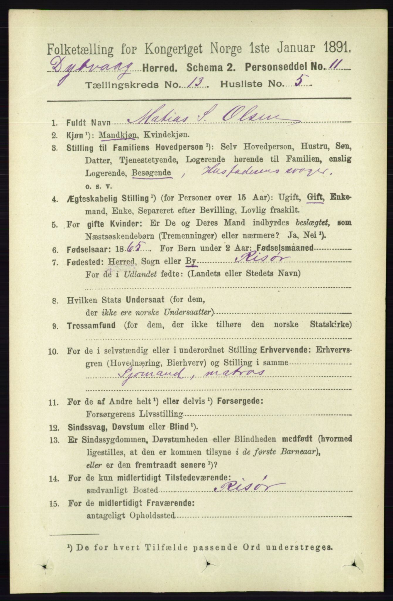 RA, 1891 census for 0915 Dypvåg, 1891, p. 5328