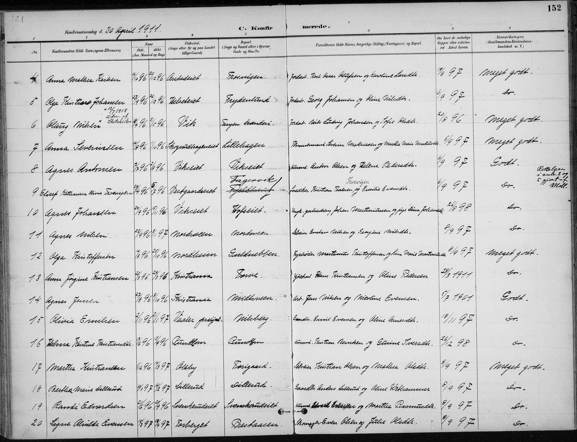 Stange prestekontor, AV/SAH-PREST-002/K/L0023: Parish register (official) no. 23, 1897-1920, p. 152