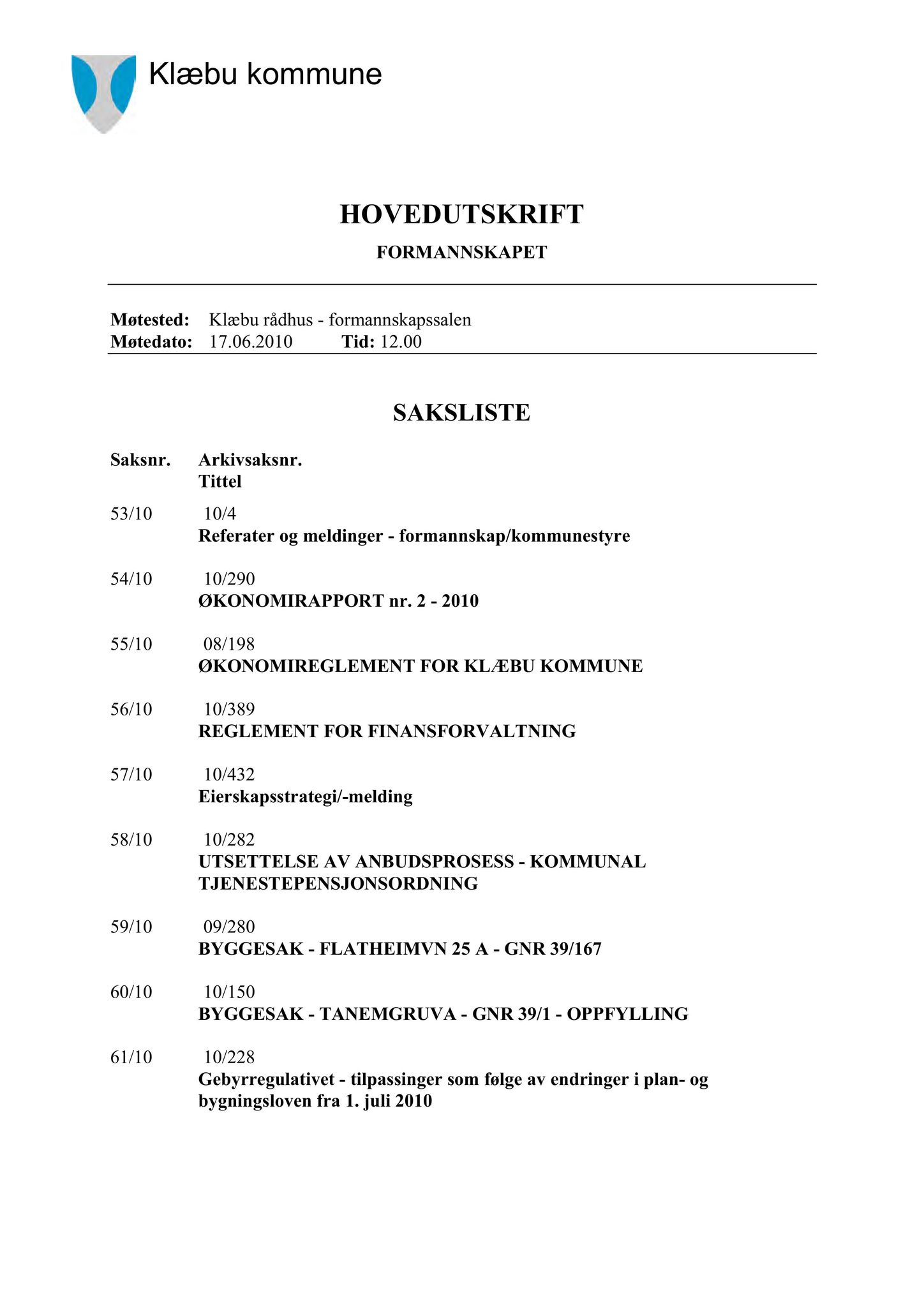 Klæbu Kommune, TRKO/KK/02-FS/L003: Formannsskapet - Møtedokumenter, 2010, p. 1205