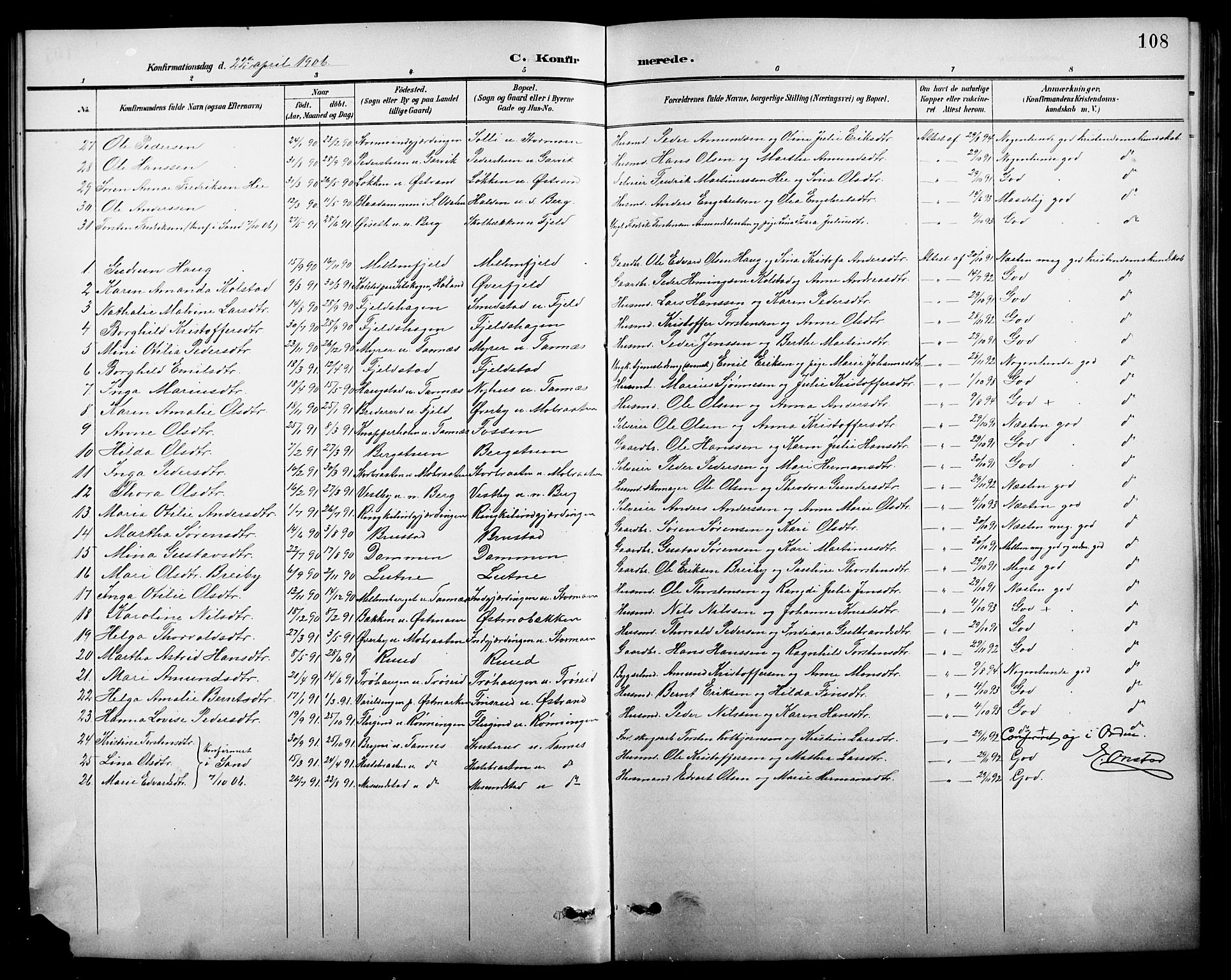Nord-Odal prestekontor, SAH/PREST-032/H/Ha/Hab/L0002: Parish register (copy) no. 2, 1895-1921, p. 108