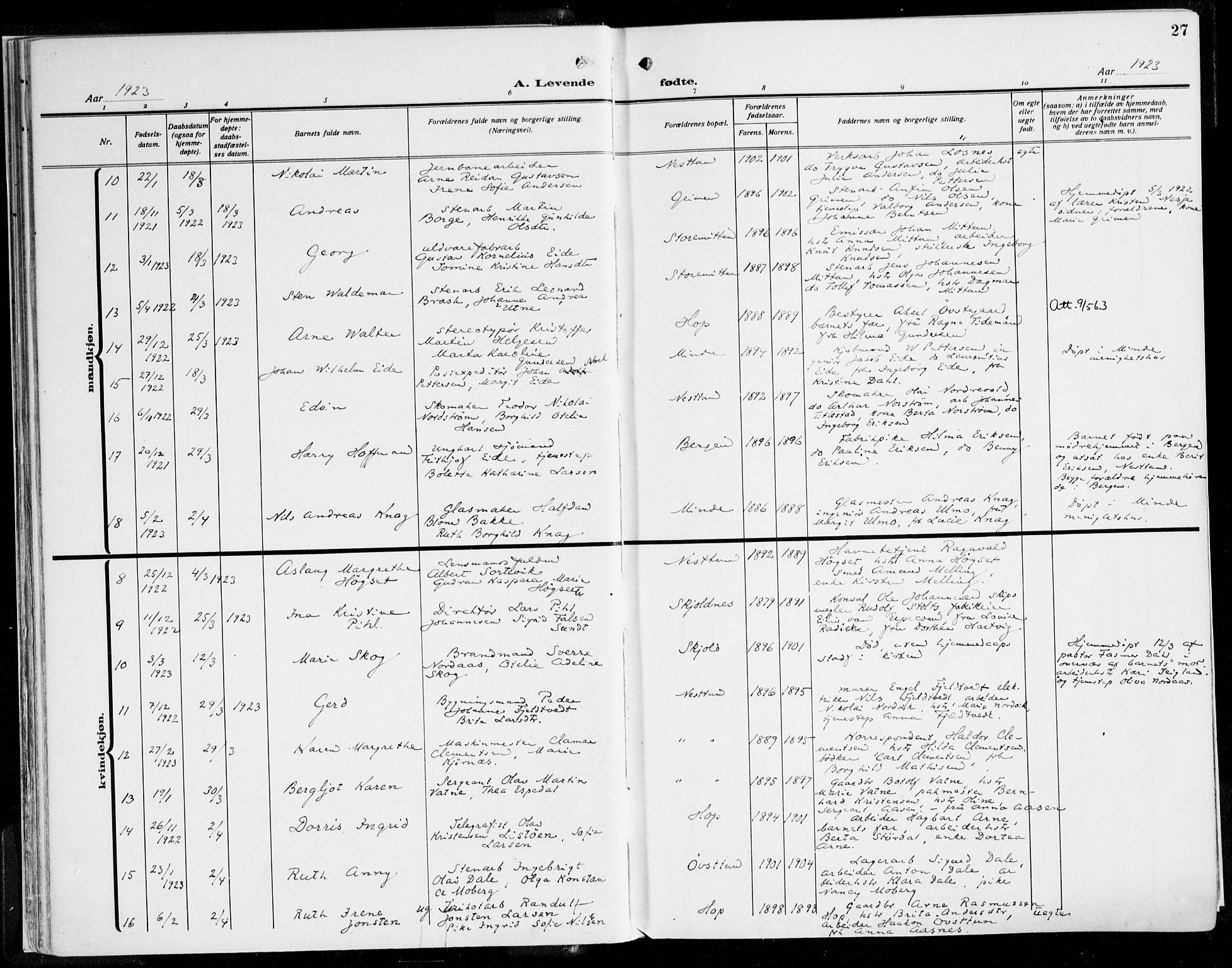 Fana Sokneprestembete, AV/SAB-A-75101/H/Haa/Haaj/L0001: Parish register (official) no. J 1, 1921-1935, p. 27