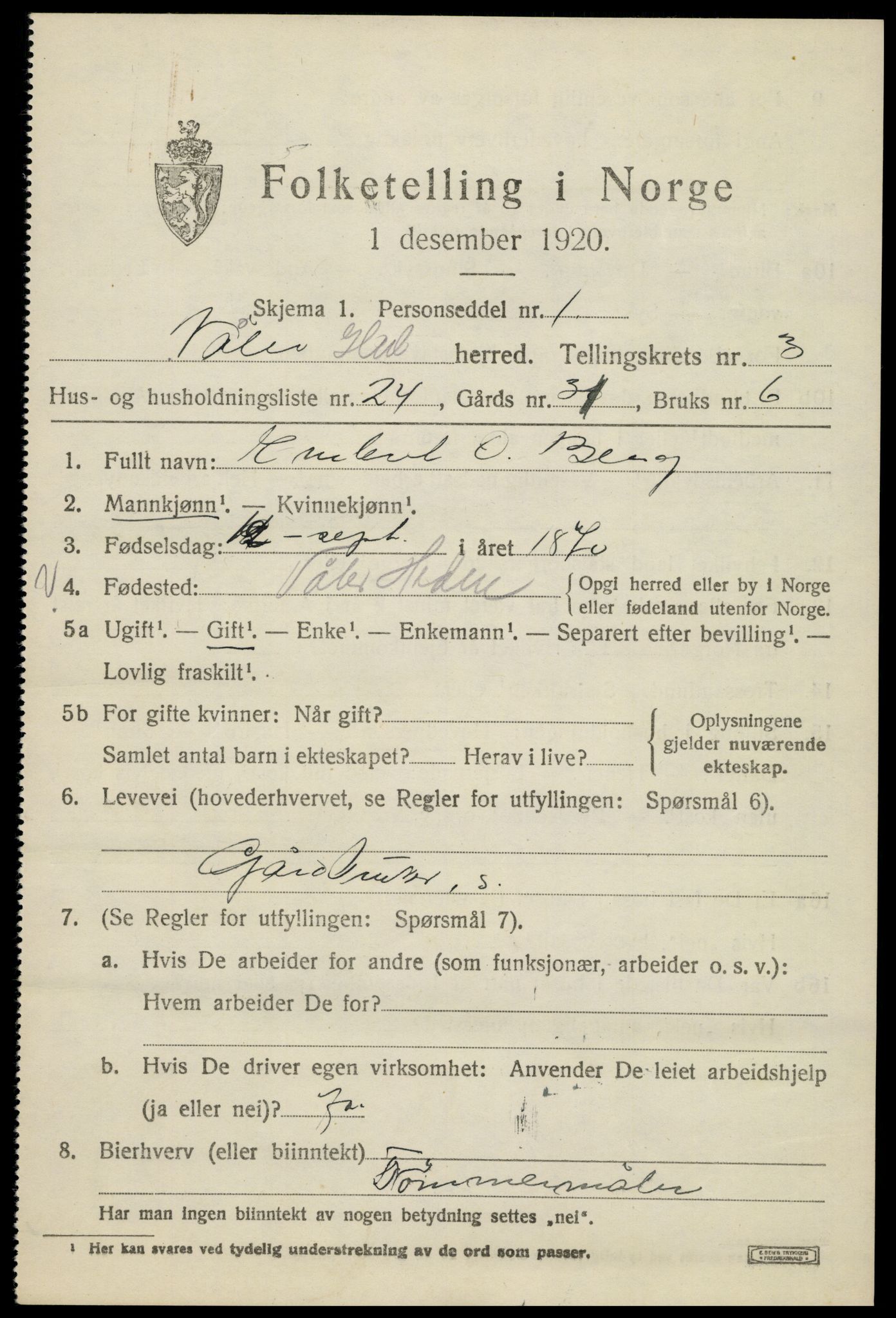SAH, 1920 census for Våler (Hedmark), 1920, p. 3635