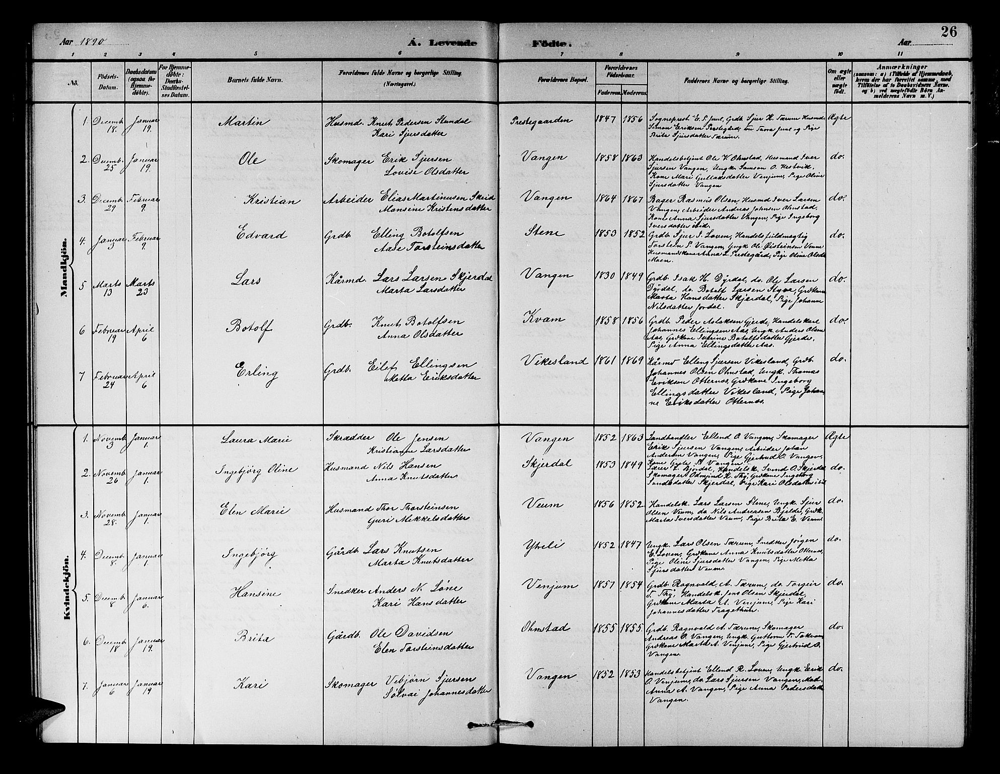 Aurland sokneprestembete, AV/SAB-A-99937/H/Hb/Hba/L0002: Parish register (copy) no. A 2, 1880-1895, p. 26