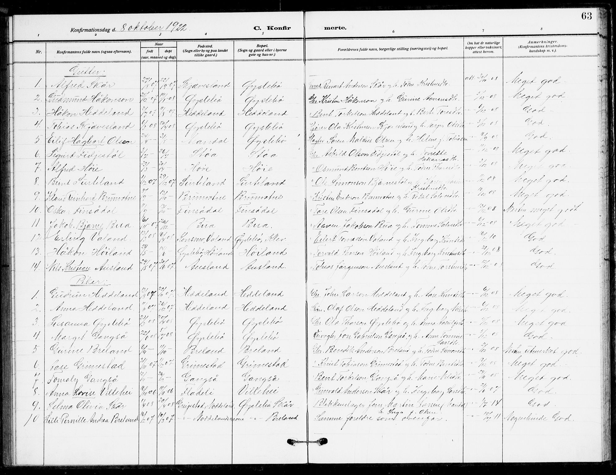 Holum sokneprestkontor, AV/SAK-1111-0022/F/Fb/Fbc/L0004: Parish register (copy) no. B 4, 1908-1930, p. 63