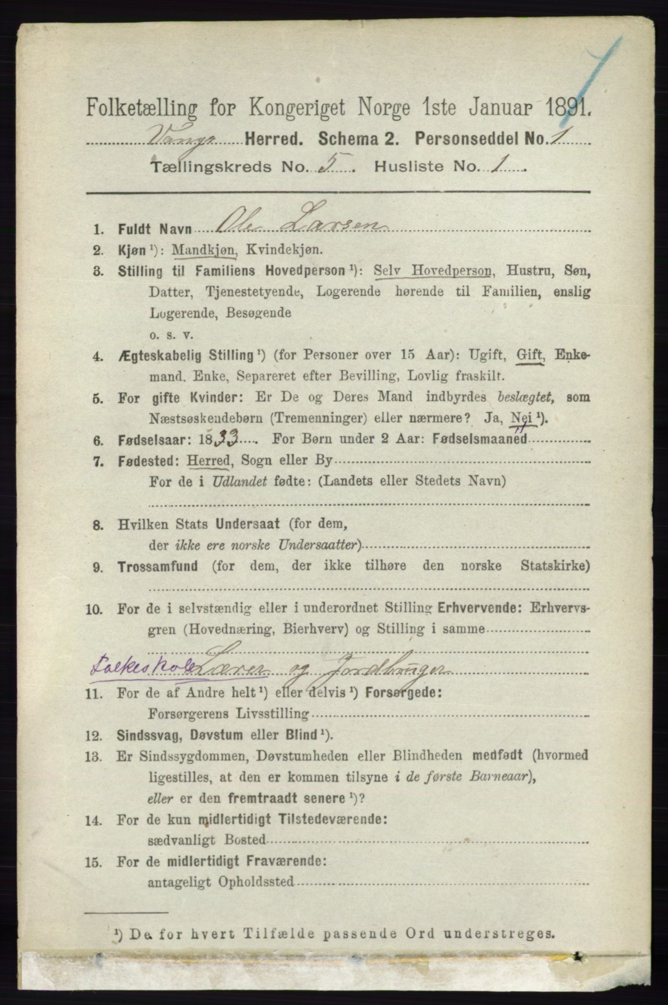 RA, 1891 census for 0414 Vang, 1891, p. 3510