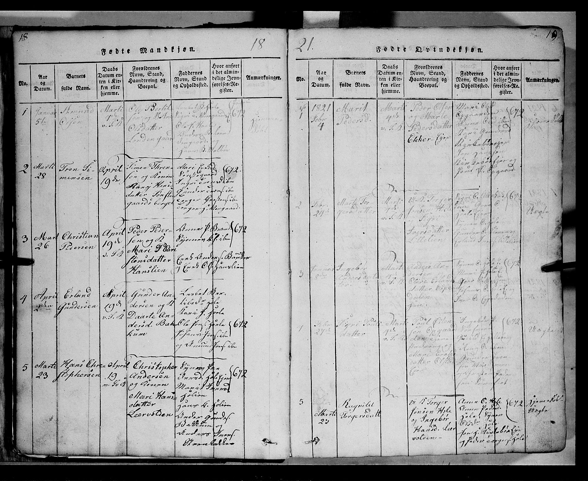 Gausdal prestekontor, SAH/PREST-090/H/Ha/Hab/L0002: Parish register (copy) no. 2, 1818-1874, p. 18-19