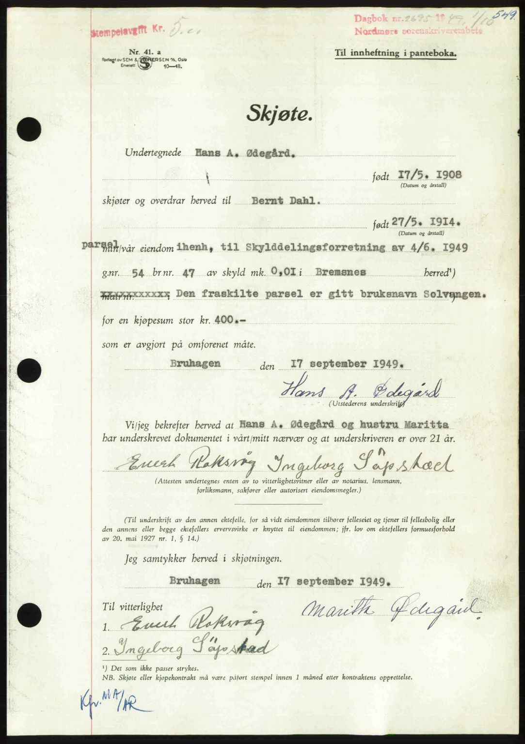 Nordmøre sorenskriveri, AV/SAT-A-4132/1/2/2Ca: Mortgage book no. A112, 1949-1949, Diary no: : 2695/1949