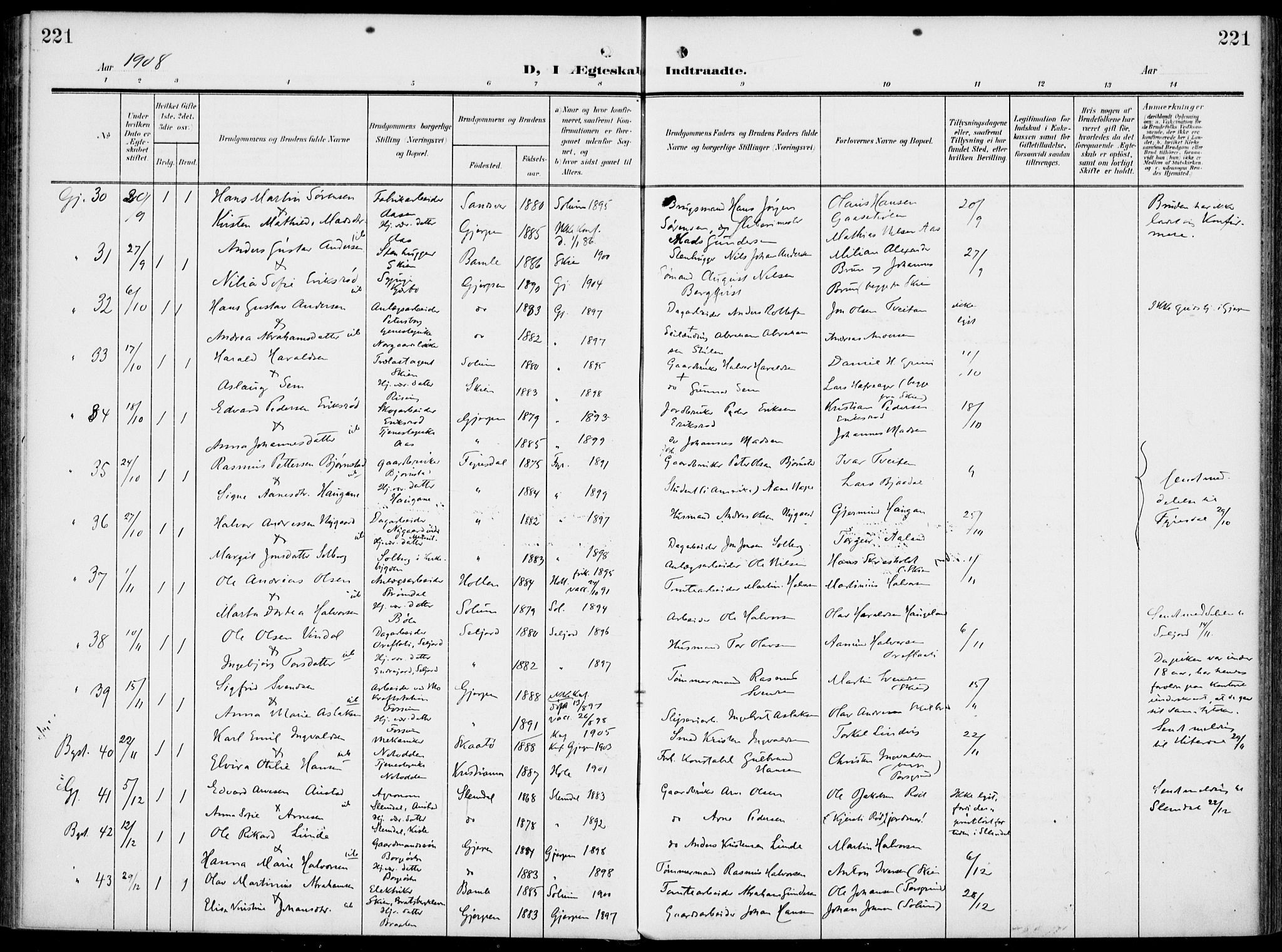 Gjerpen kirkebøker, SAKO/A-265/F/Fa/L0012: Parish register (official) no. I 12, 1905-1913, p. 221