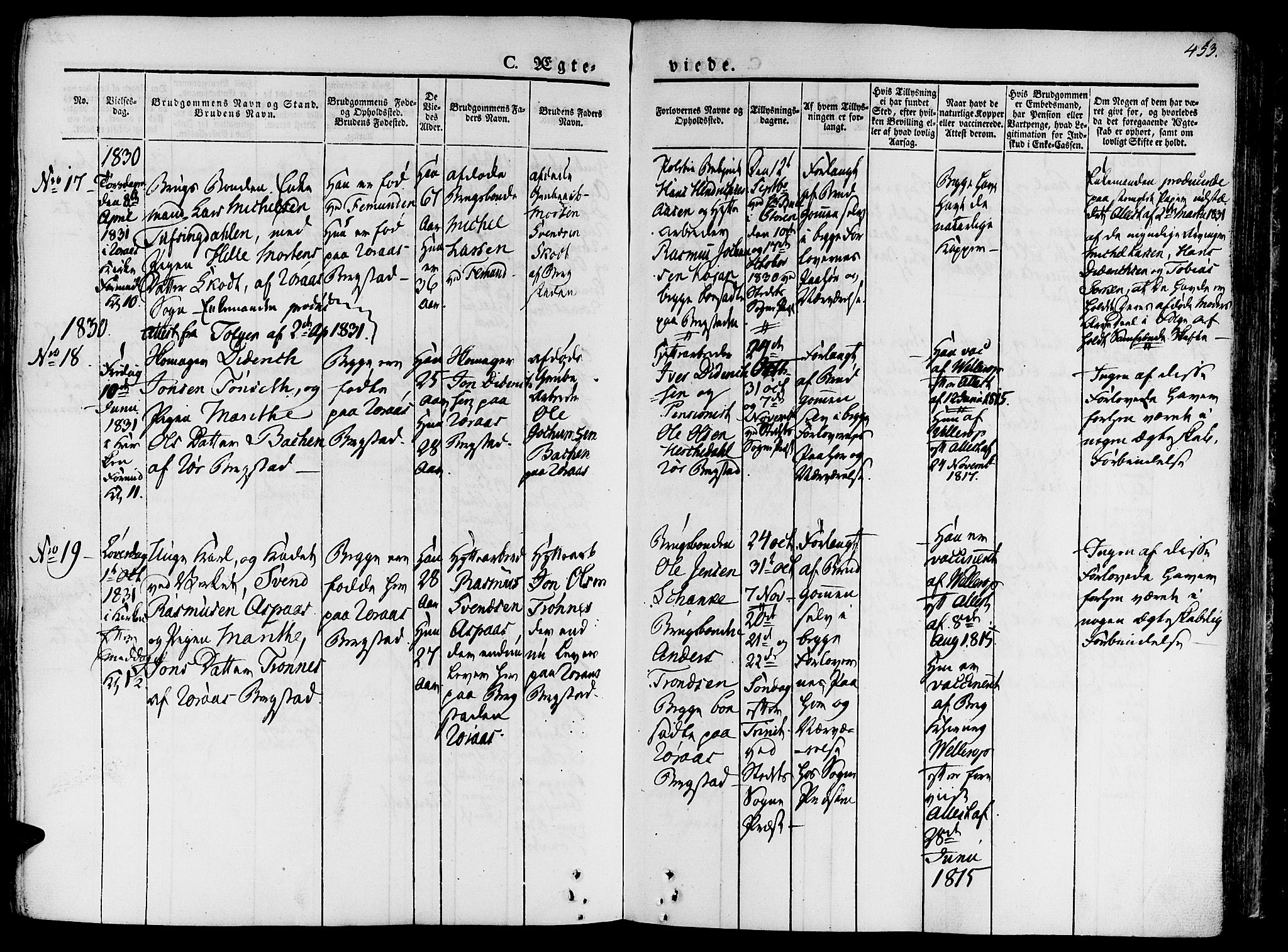 Ministerialprotokoller, klokkerbøker og fødselsregistre - Sør-Trøndelag, SAT/A-1456/681/L0930: Parish register (official) no. 681A08, 1829-1844, p. 453