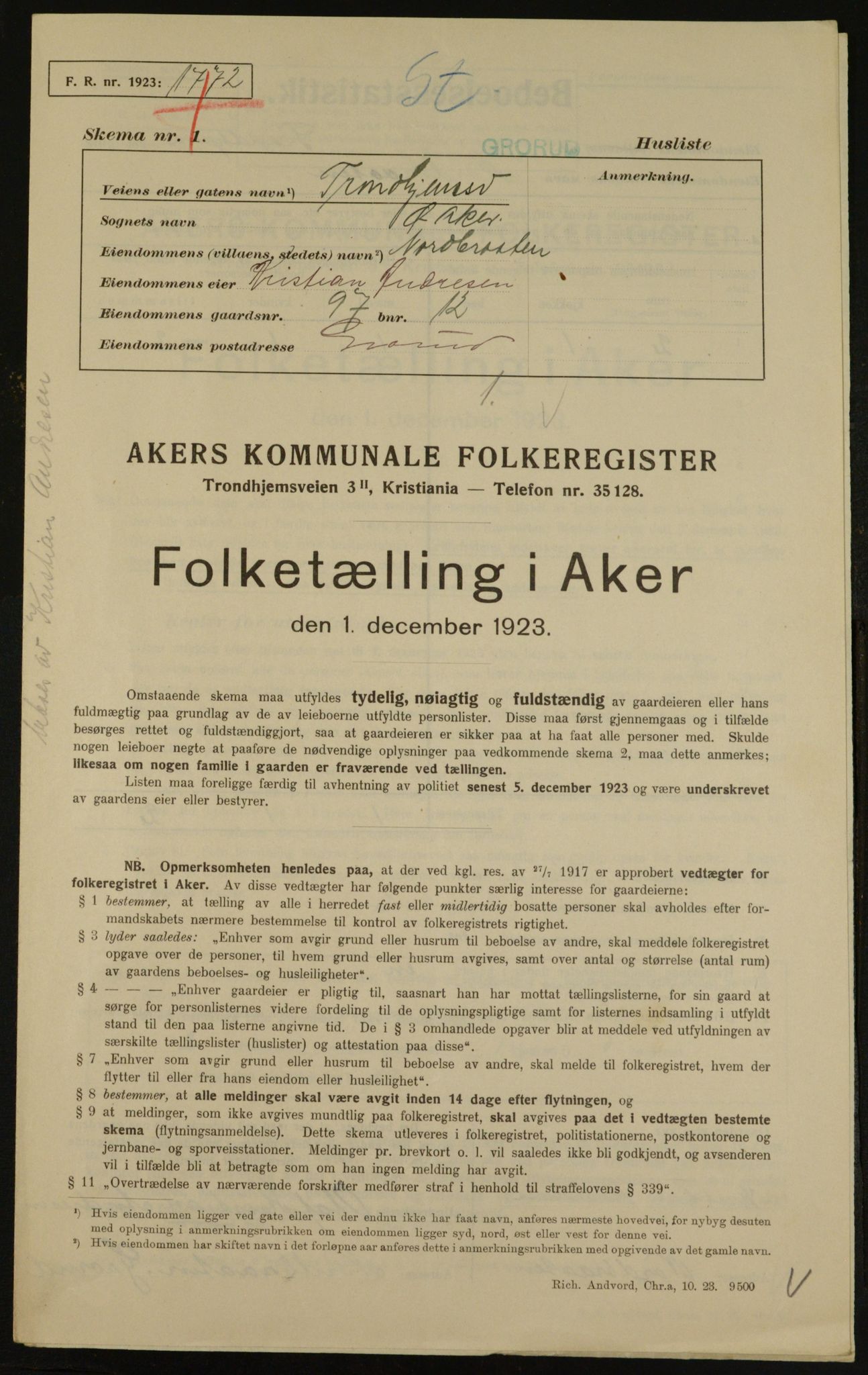 , Municipal Census 1923 for Aker, 1923, p. 33769