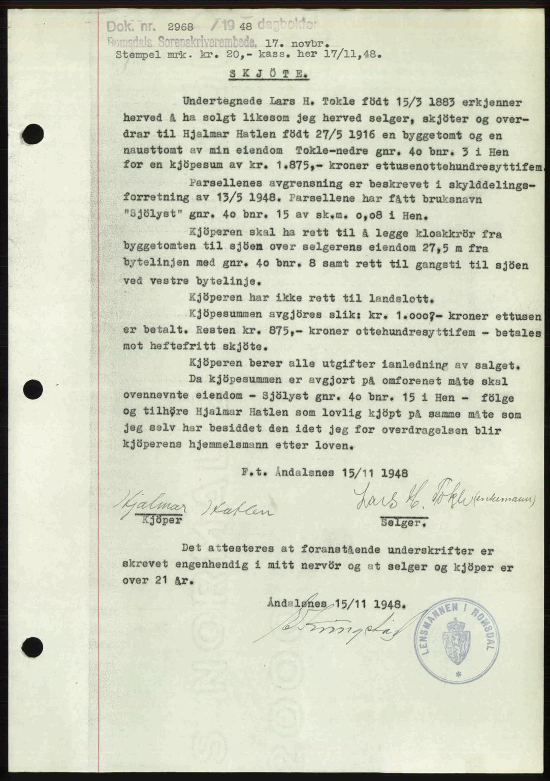 Romsdal sorenskriveri, AV/SAT-A-4149/1/2/2C: Mortgage book no. A27, 1948-1948, Diary no: : 2968/1948