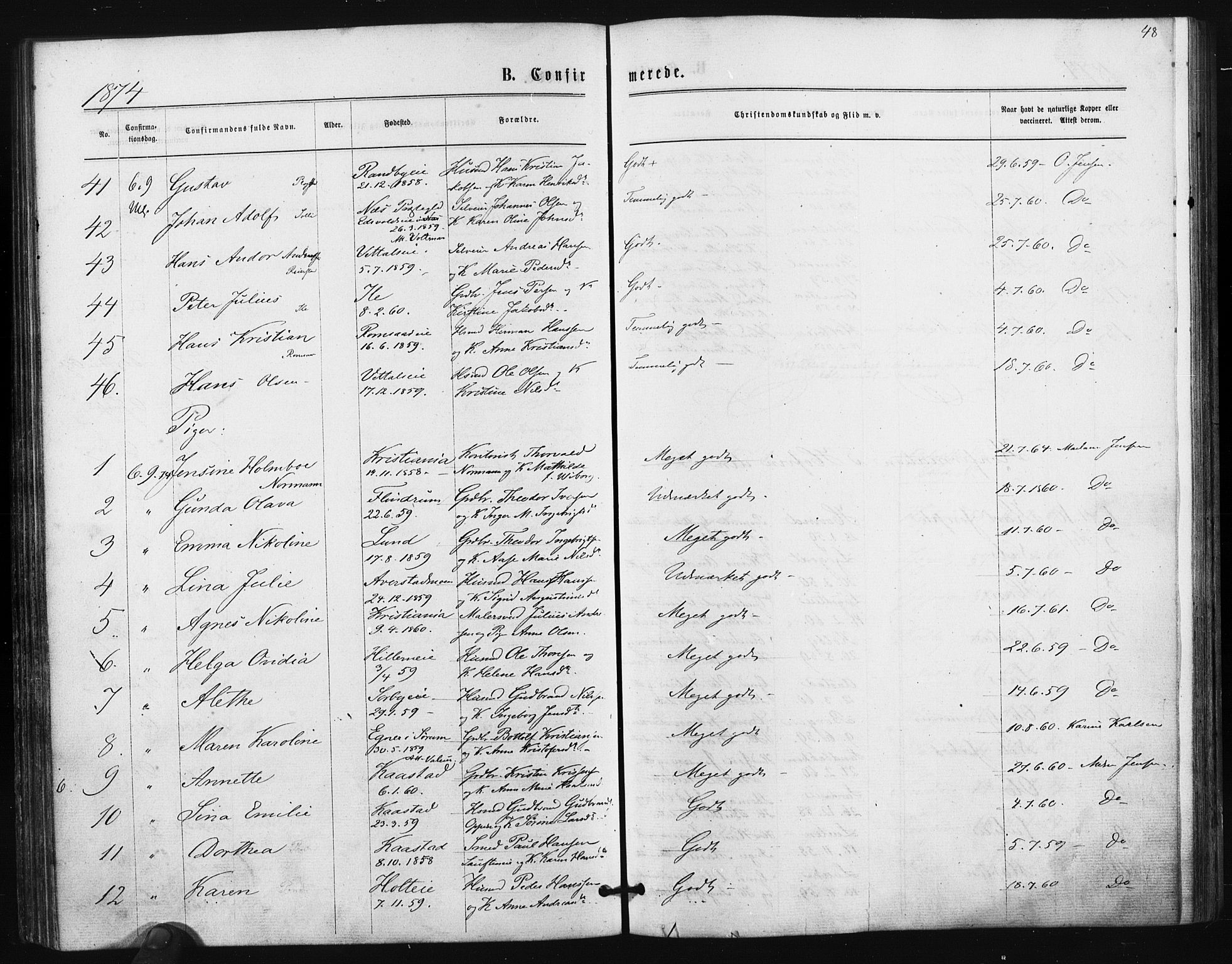 Ullensaker prestekontor Kirkebøker, AV/SAO-A-10236a/F/Fa/L0017: Parish register (official) no. I 17, 1871-1875, p. 48