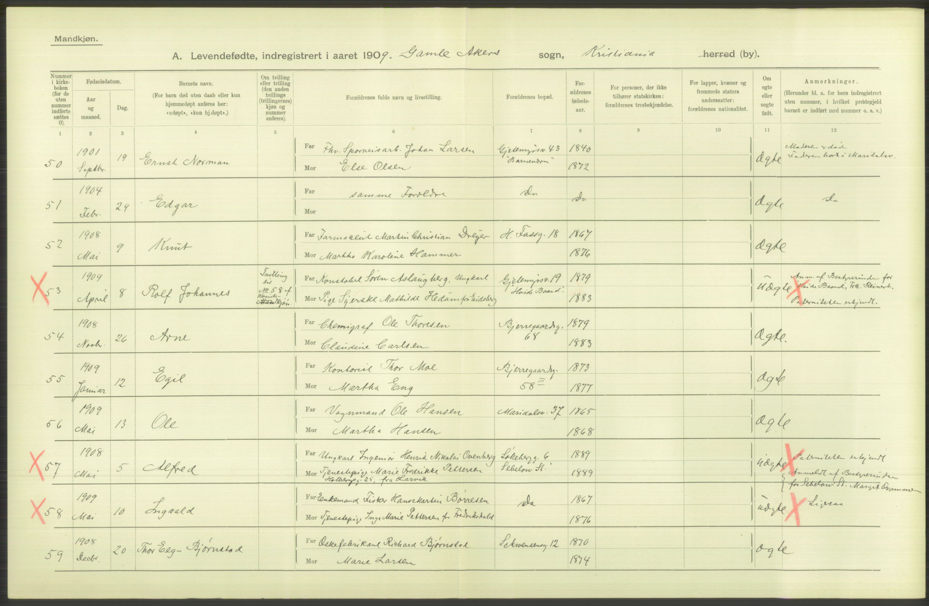 Statistisk sentralbyrå, Sosiodemografiske emner, Befolkning, RA/S-2228/D/Df/Dfa/Dfag/L0007: Kristiania: Levendefødte menn og kvinner., 1909, p. 384