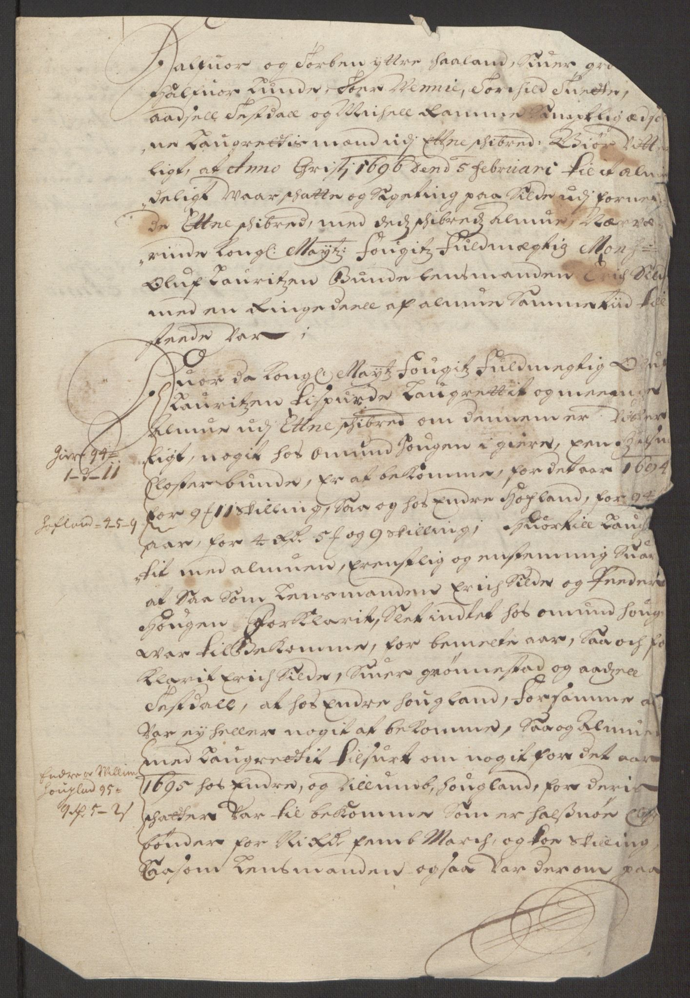 Rentekammeret inntil 1814, Reviderte regnskaper, Fogderegnskap, AV/RA-EA-4092/R48/L2976: Fogderegnskap Sunnhordland og Hardanger, 1695-1696, p. 136