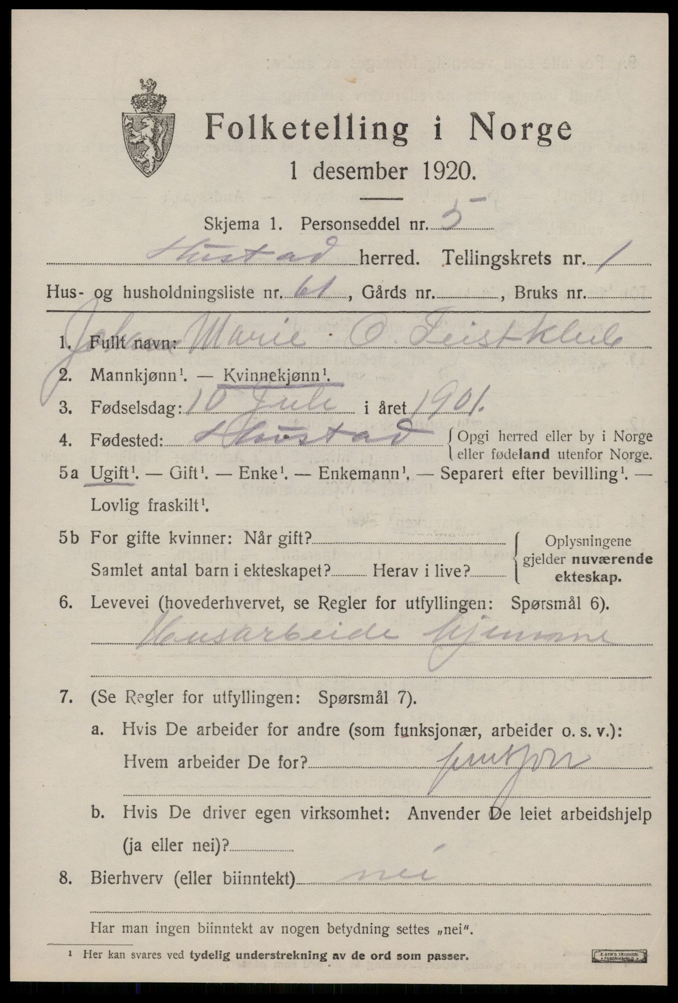 SAT, 1920 census for Hustad, 1920, p. 1507