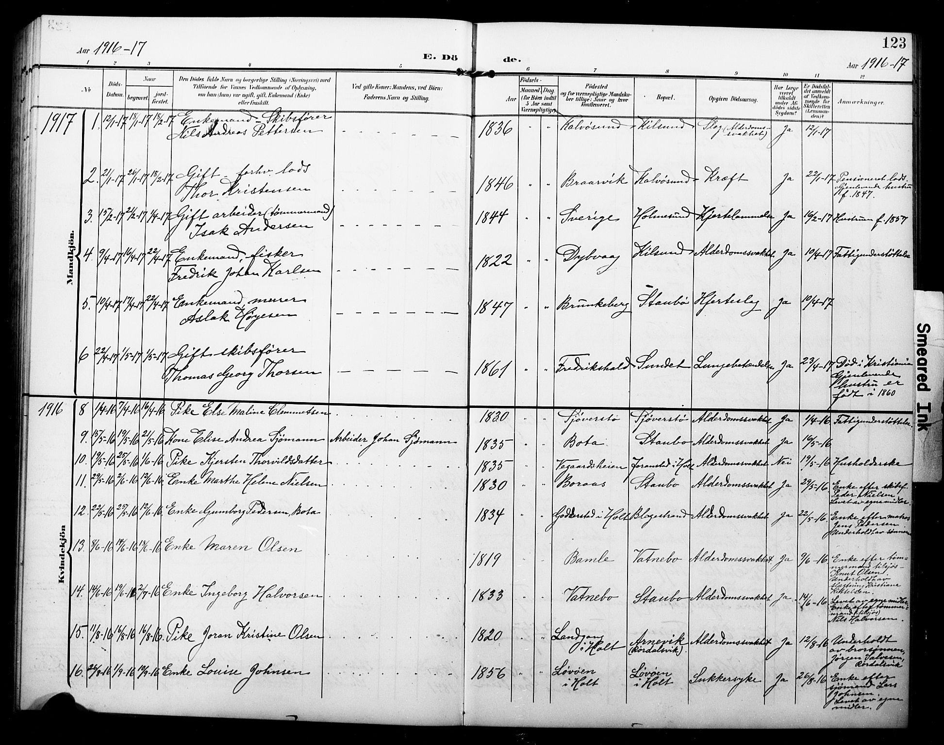 Dypvåg sokneprestkontor, SAK/1111-0007/F/Fb/Fbb/L0005: Parish register (copy) no. B 5, 1905-1924, p. 123