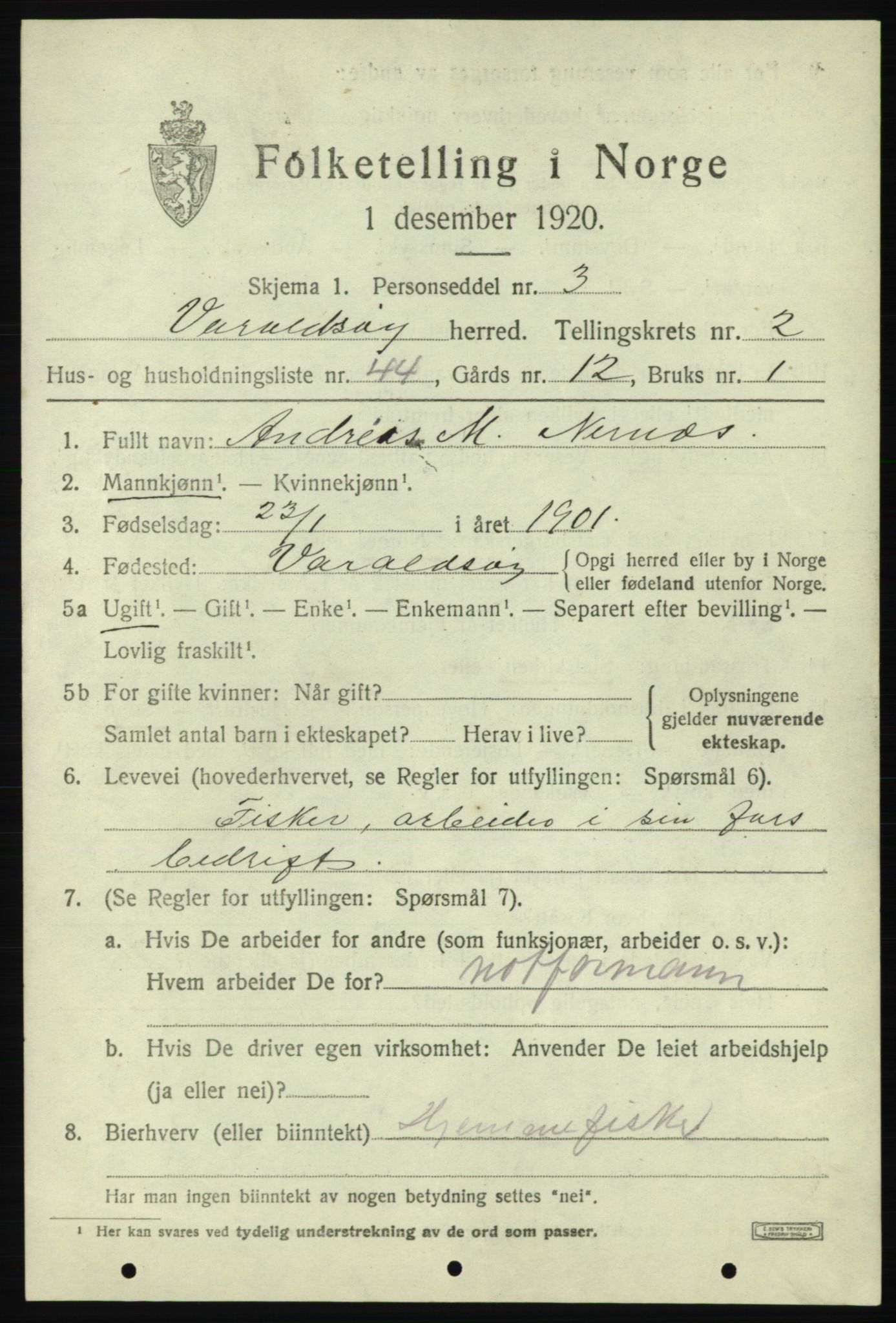 SAB, 1920 census for Varaldsøy, 1920, p. 1251