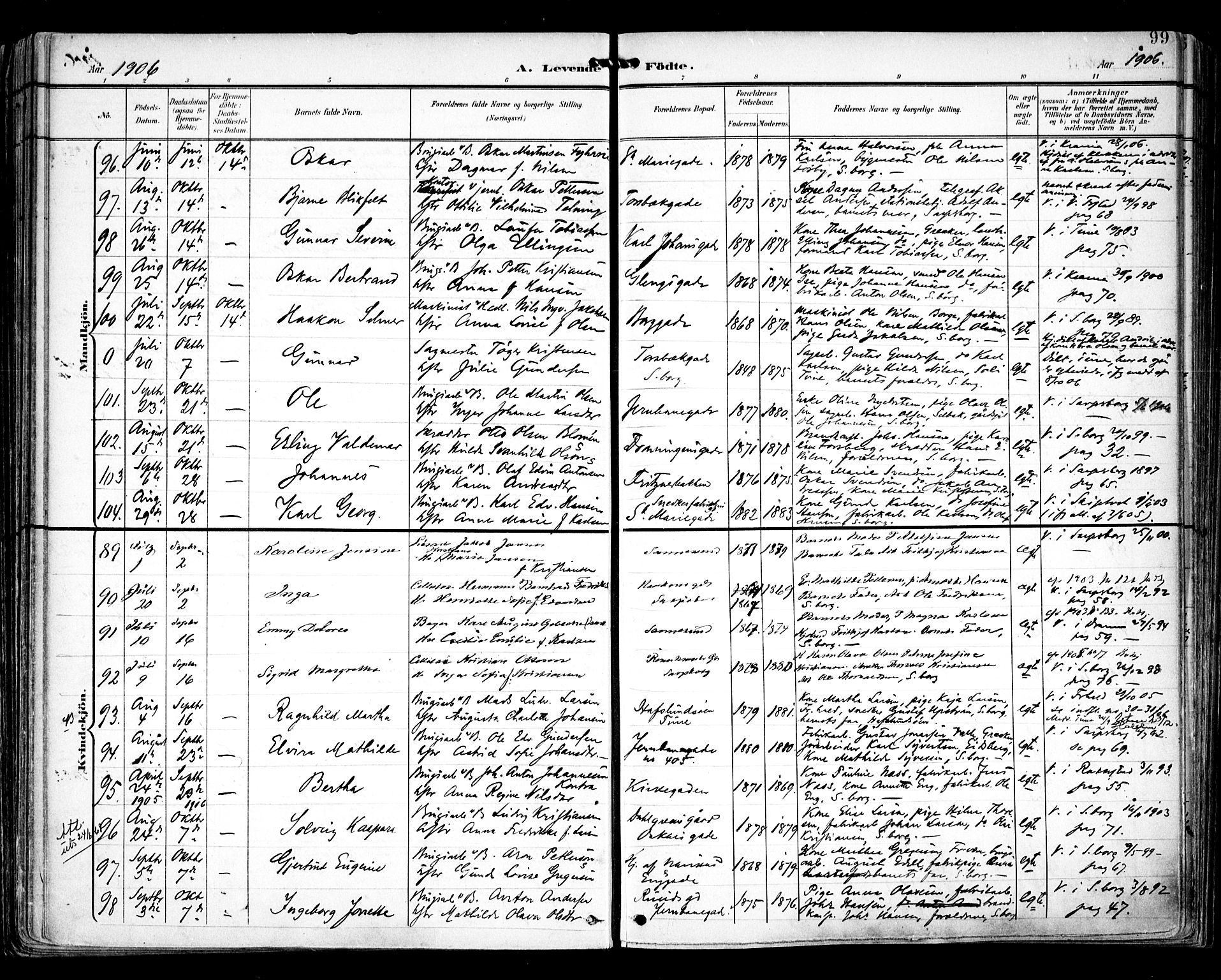 Sarpsborg prestekontor Kirkebøker, AV/SAO-A-2006/F/Fa/L0005: Parish register (official) no. 5, 1900-1909, p. 99