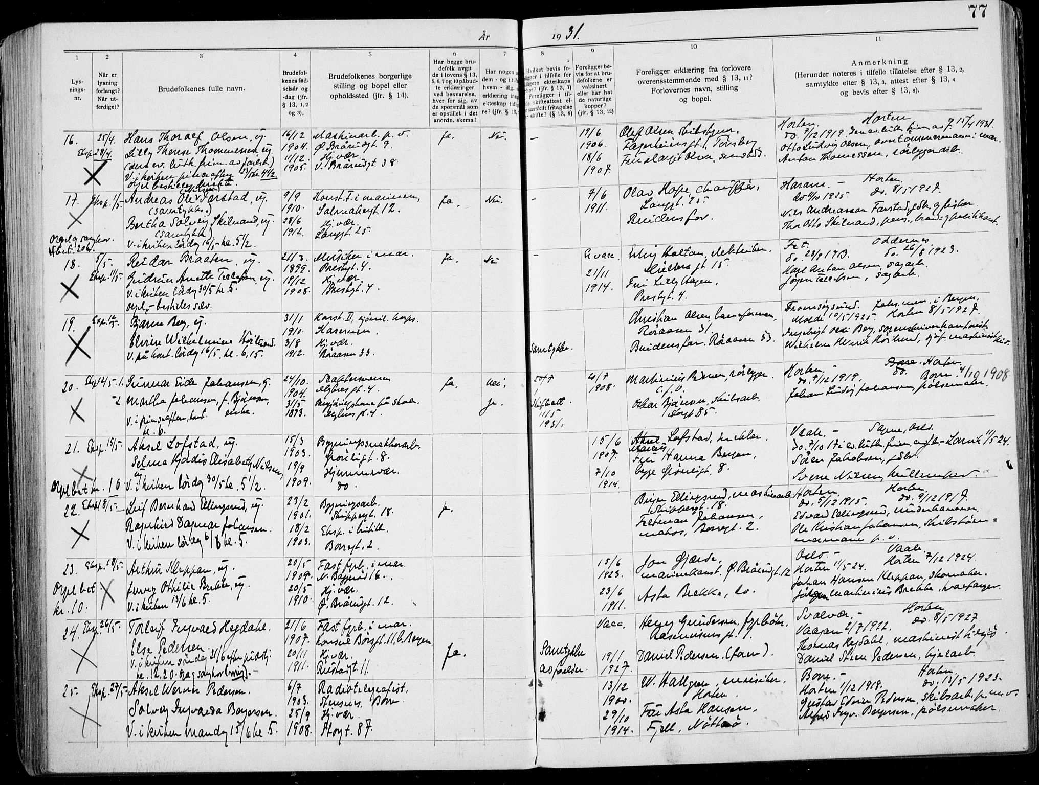 Horten kirkebøker, AV/SAKO-A-348/H/Ha/L0006: Banns register no. 6, 1920-1934, p. 77