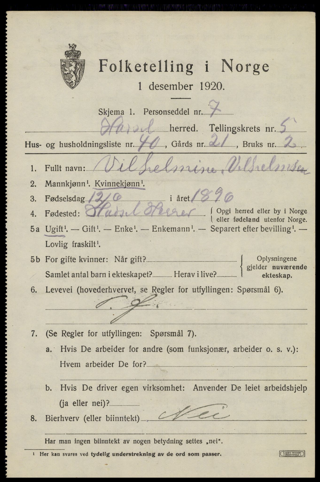 SAT, 1920 census for Hadsel, 1920, p. 6478